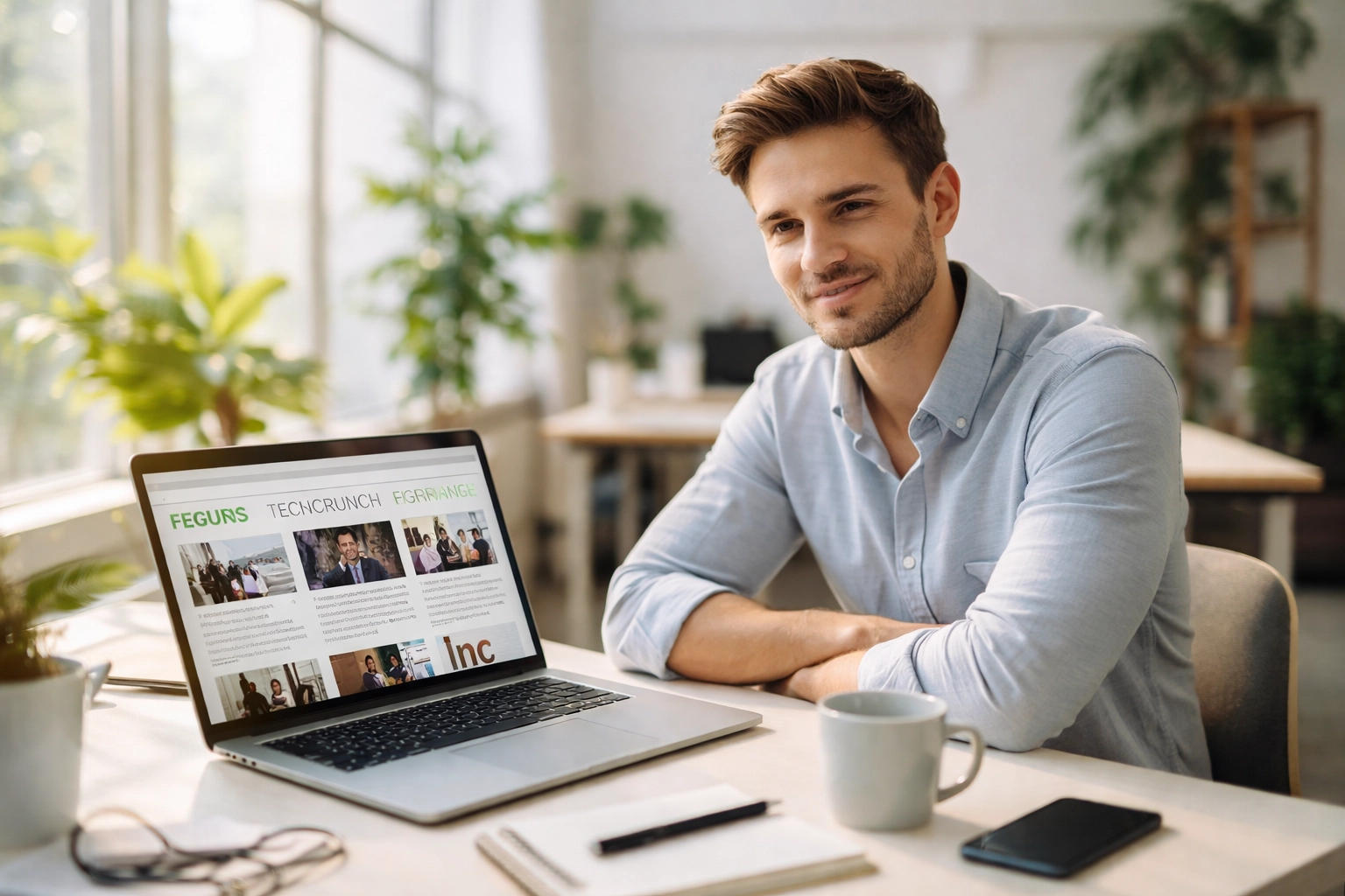 Startup founder reviewing press coverage on laptop in a bright co-working space, highlighting media strategy for startups