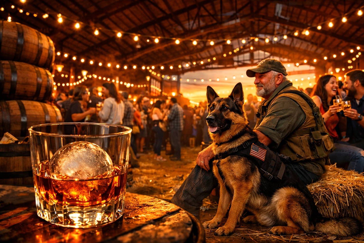 Veterans and service dogs celebrate at the Team Whiskey Bonanza festival in Reno at sunset.
