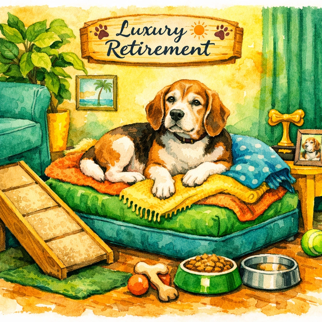 Senior dog relaxing on an orthopedic bed with a pet ramp nearby for comfort and safety.