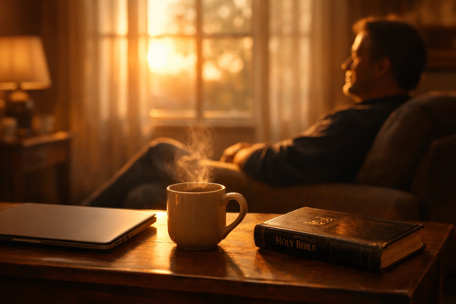 Peaceful living room at 5 PM with Bible and tea representing trustworthy evening news without fear