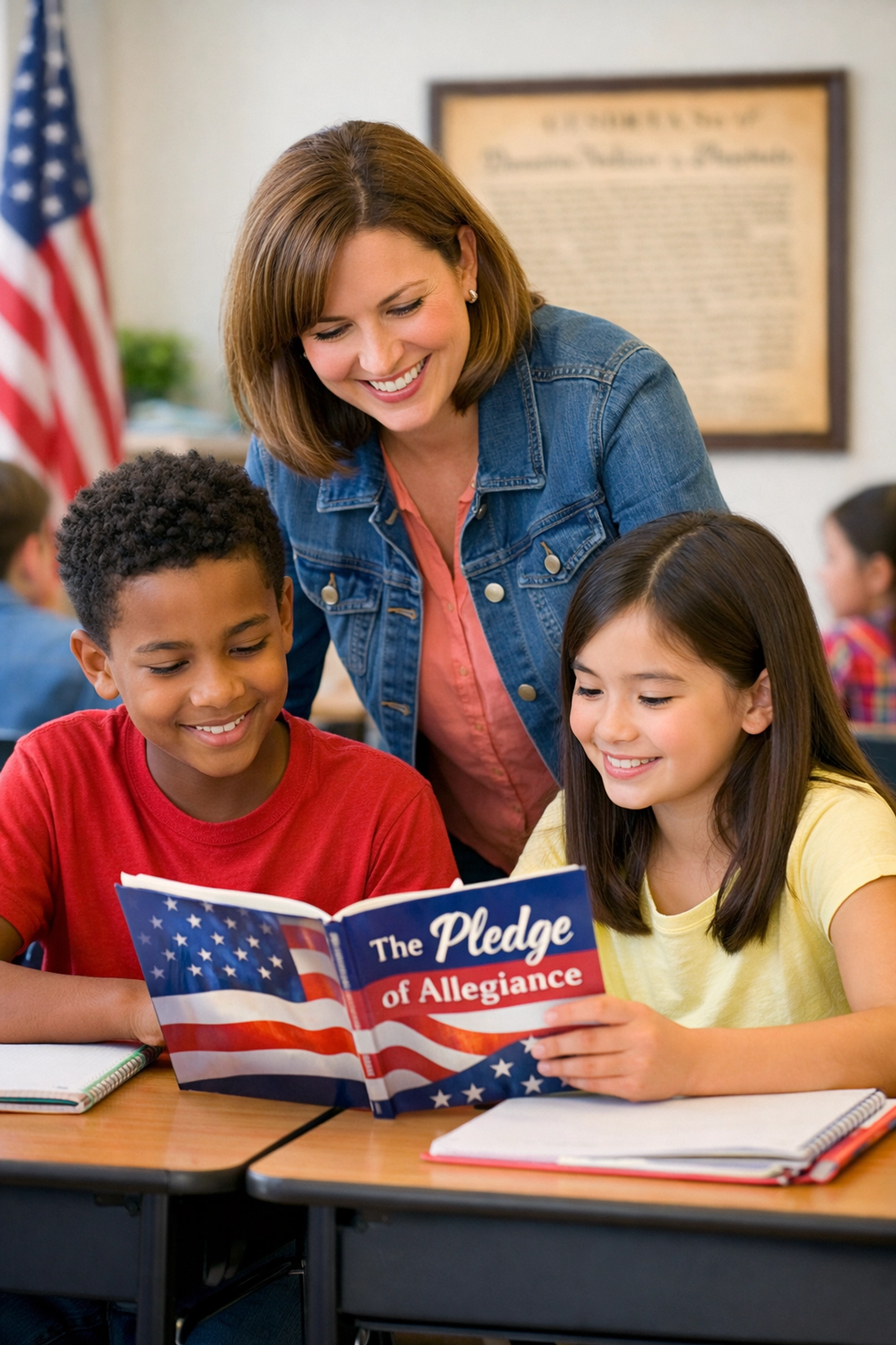 Teacher and students using a Pledge Allegiance classroom kit for civic education in a bright school.