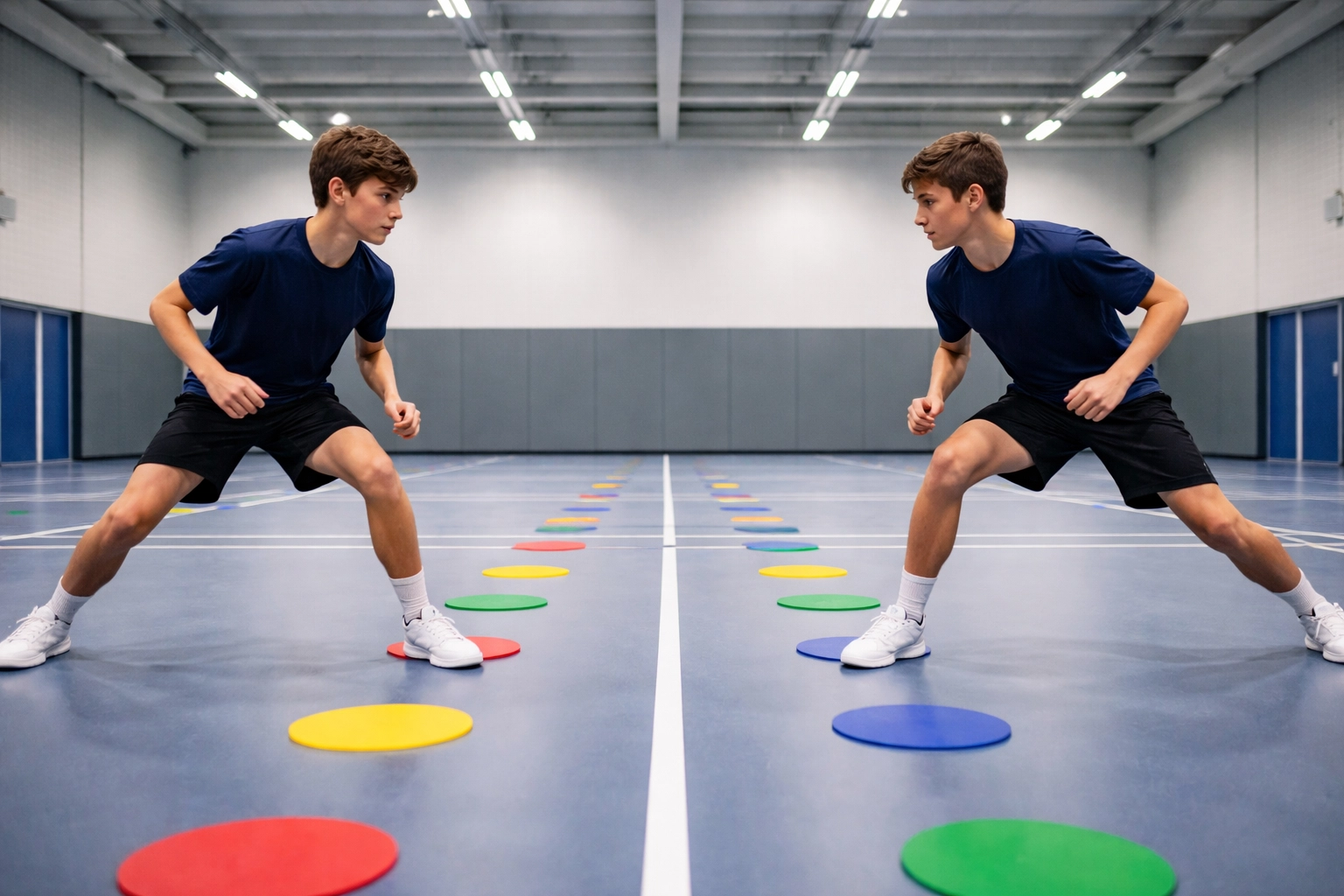 Two teens on a sports court shuffling between parallel agility spots, practicing partner footwork drills