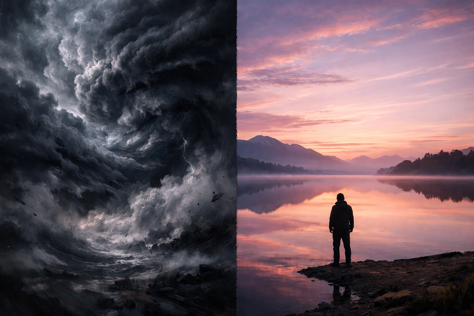 Visual contrast between life's chaos and finding peace in God's stillness and presence