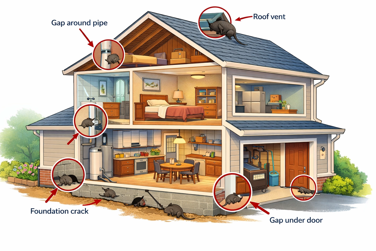 Diagram showing common rodent entry points in home including gaps, vents, and foundation cracks