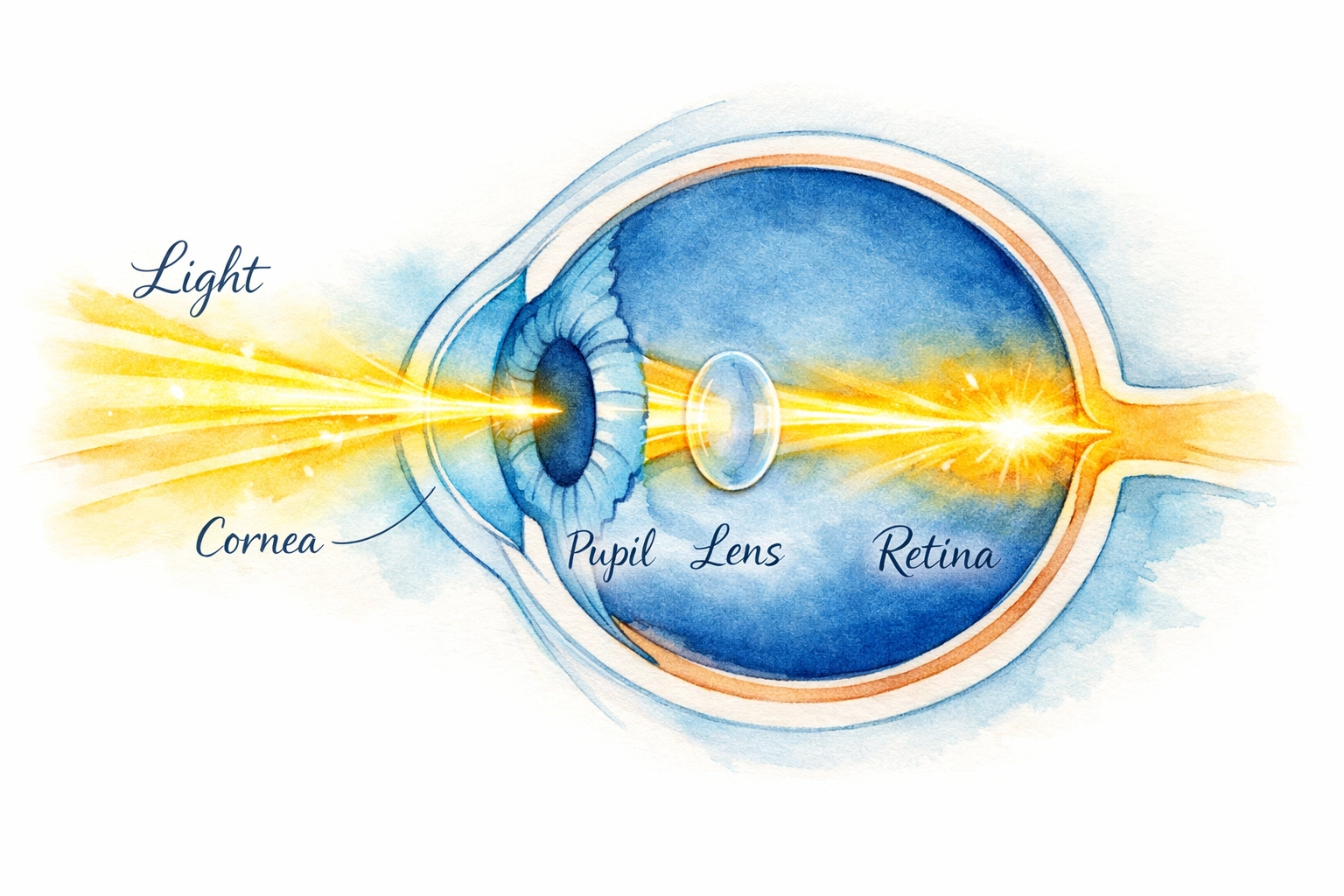 Light traveling through the eye from cornea to retina demonstrating the miracle of vision
