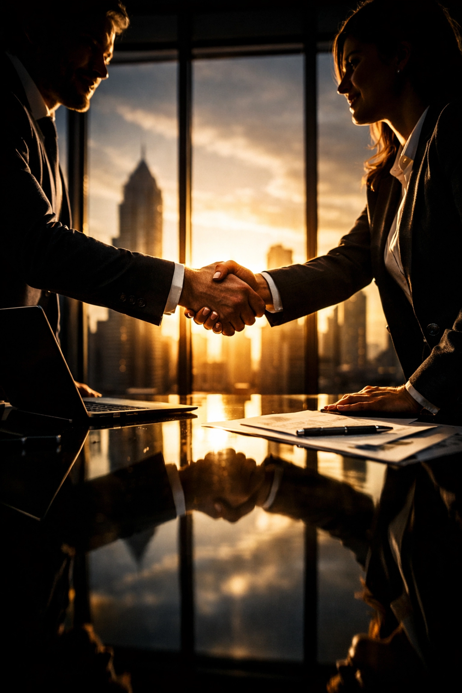 Business professionals shaking hands during deal negotiation and term sheet agreement
