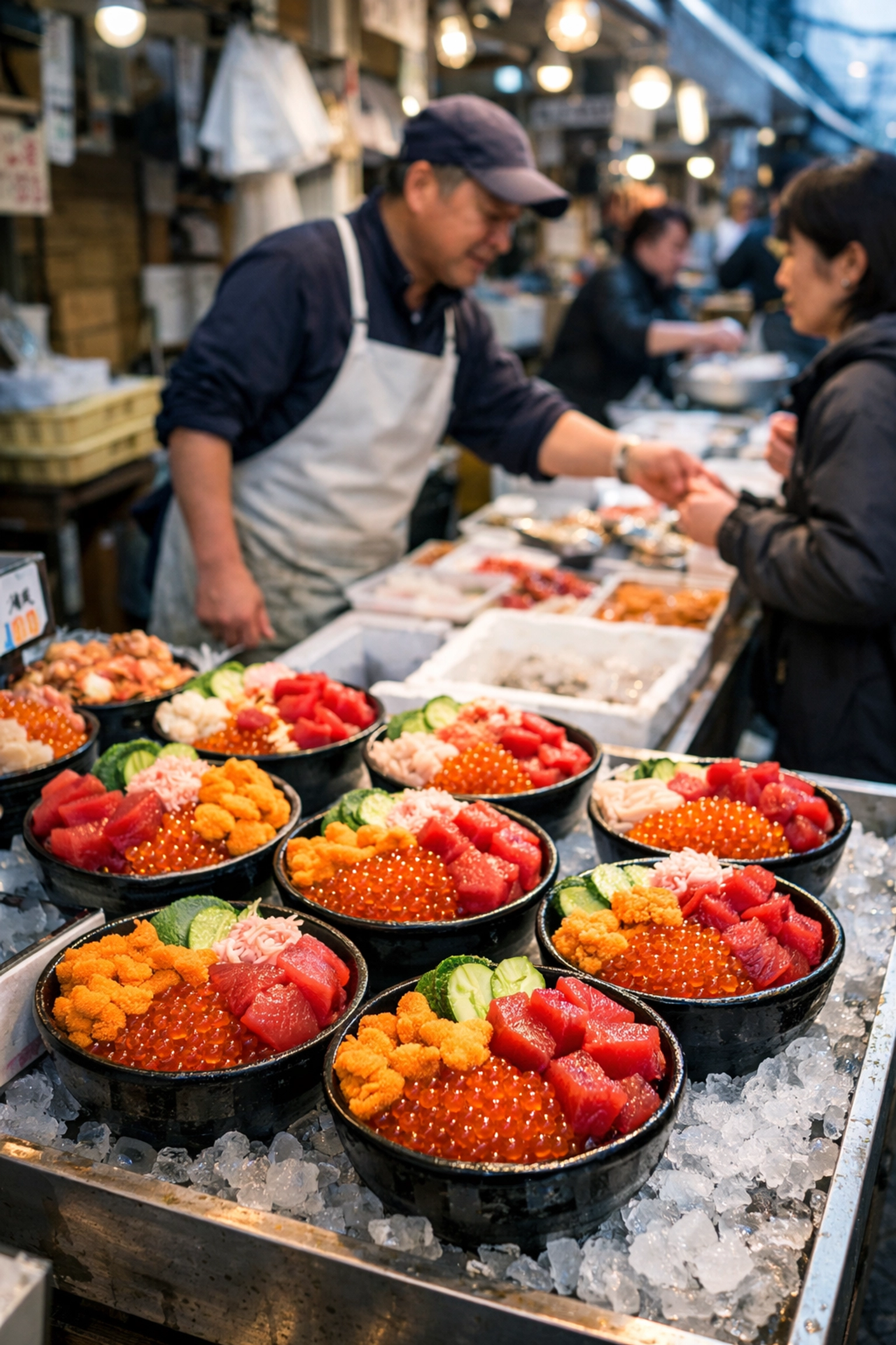Fresh kaisen-don seafood bowls at the Tsukiji Outer Market, a top Tokyo breakfast spot.
