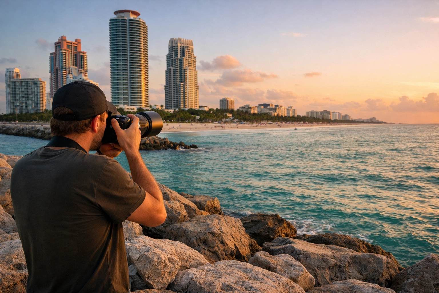 Photographer at South Pointe Park capturing Miami Beach scenes for local jobs for photographers.
