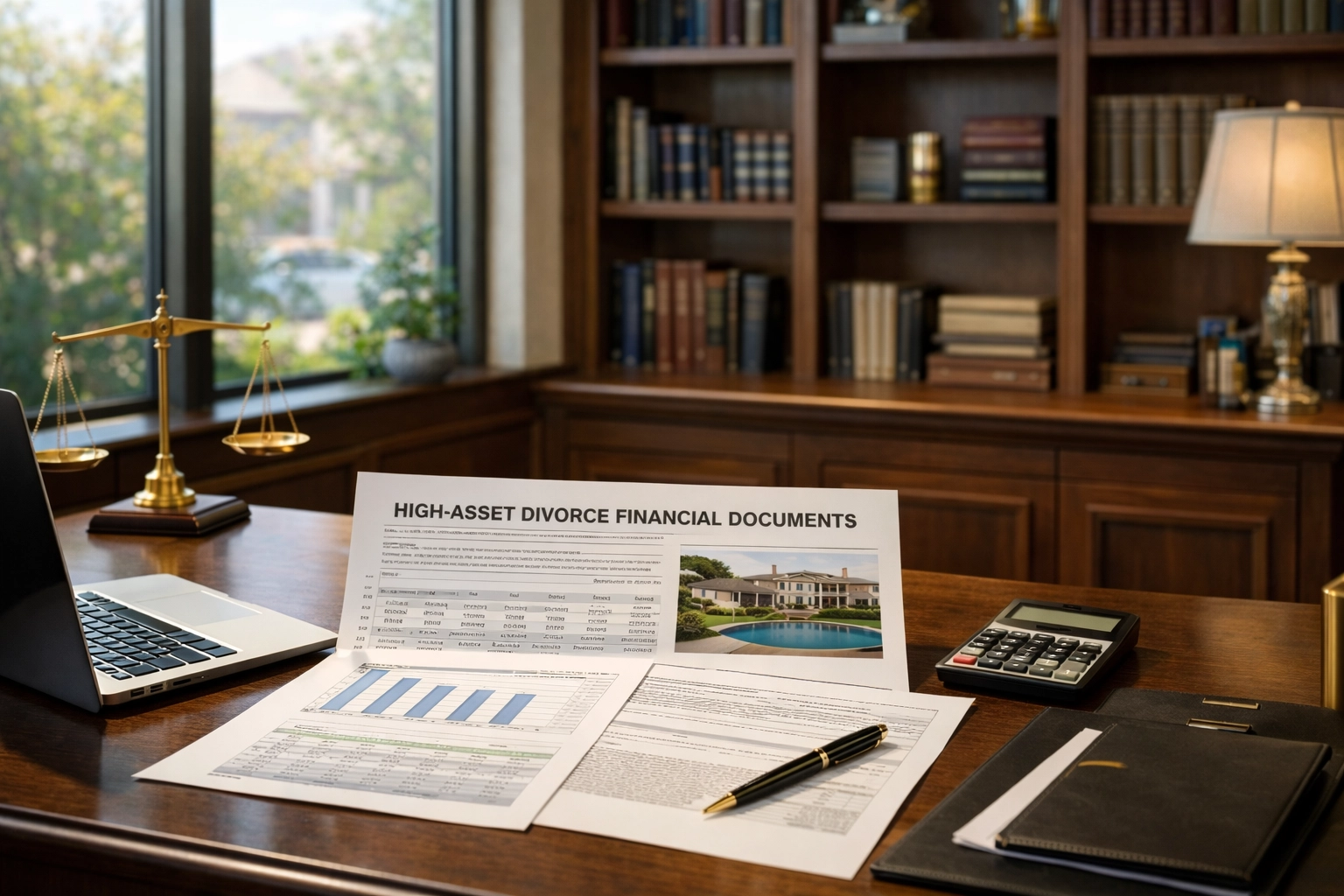 High-asset divorce financial documents on a desk with pen and calculator