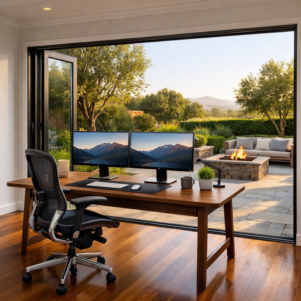 Staged Silicon Valley home office with glass doors and seamless indoor-outdoor living to a patio.