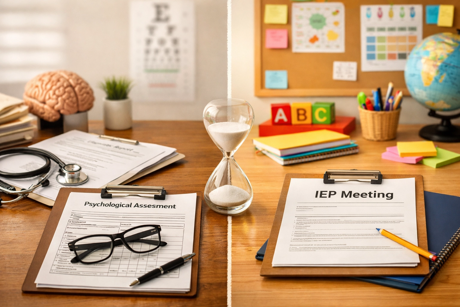 Side-by-side view of clinical autism evaluation office and school IEP meeting room