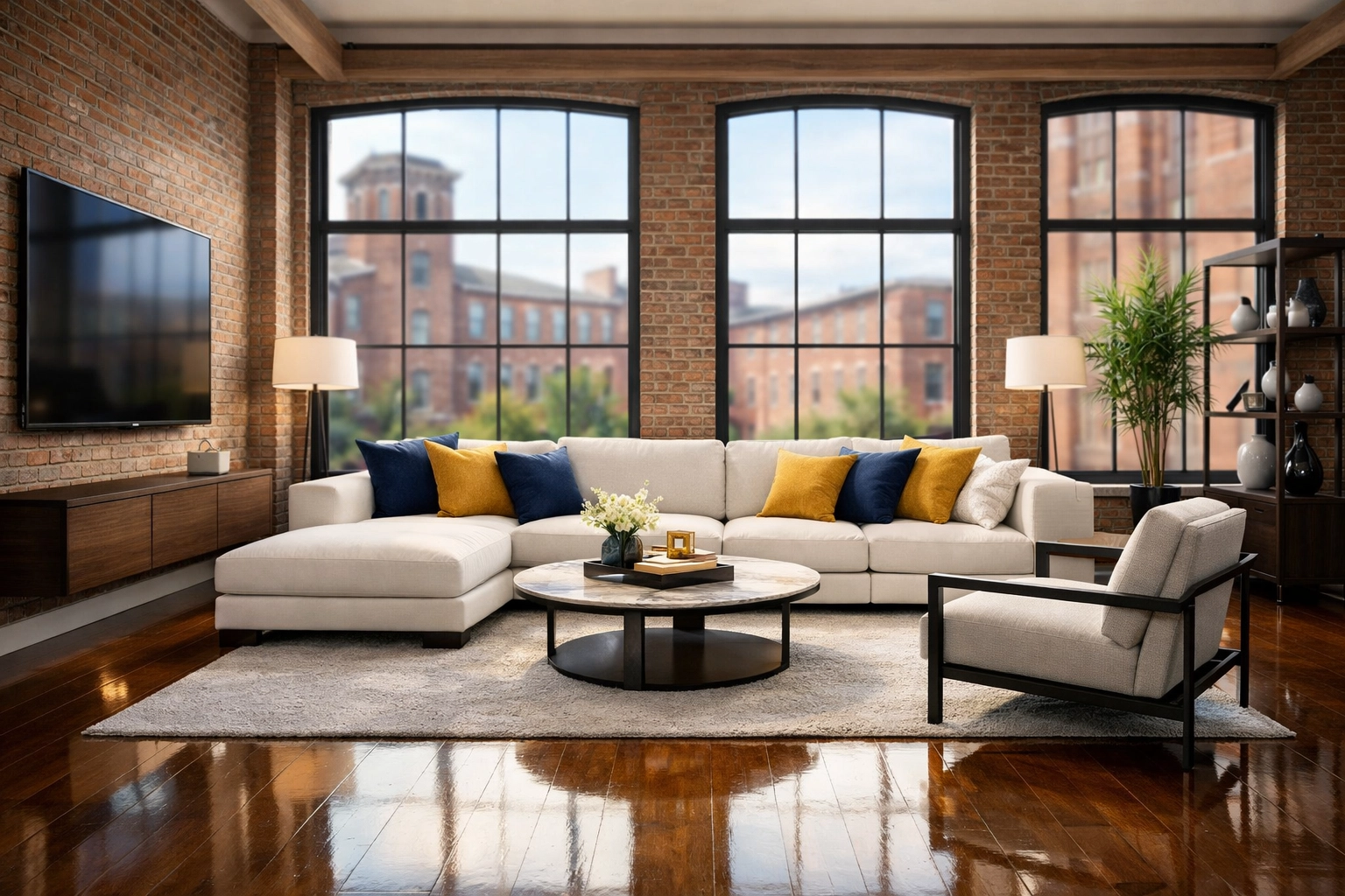 A perfectly cleaned luxury living room in Lowell with polished floors and a fresh, professional finish.