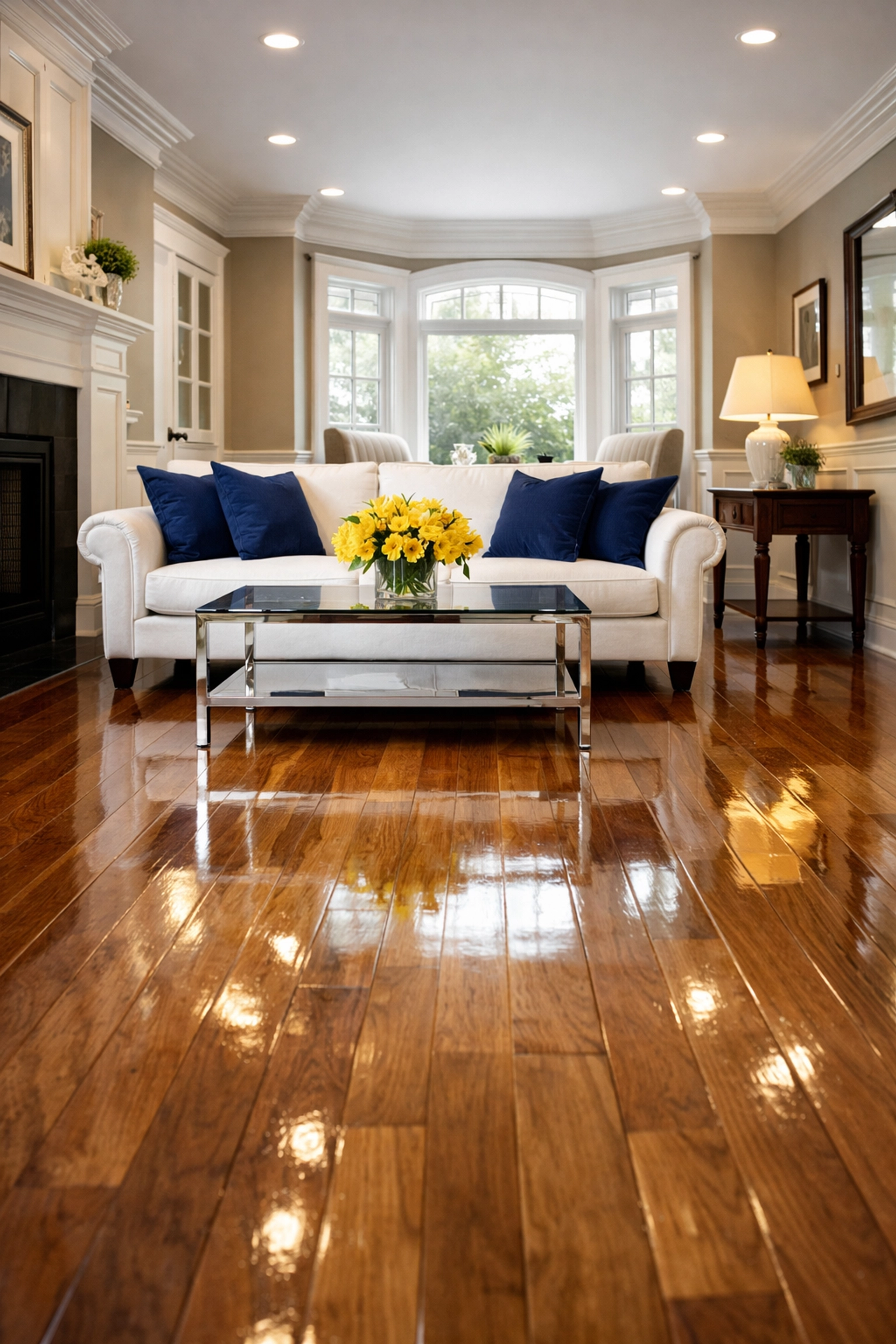 Spacious living room in Natick with gleaming polished hardwood floors and fresh decor.