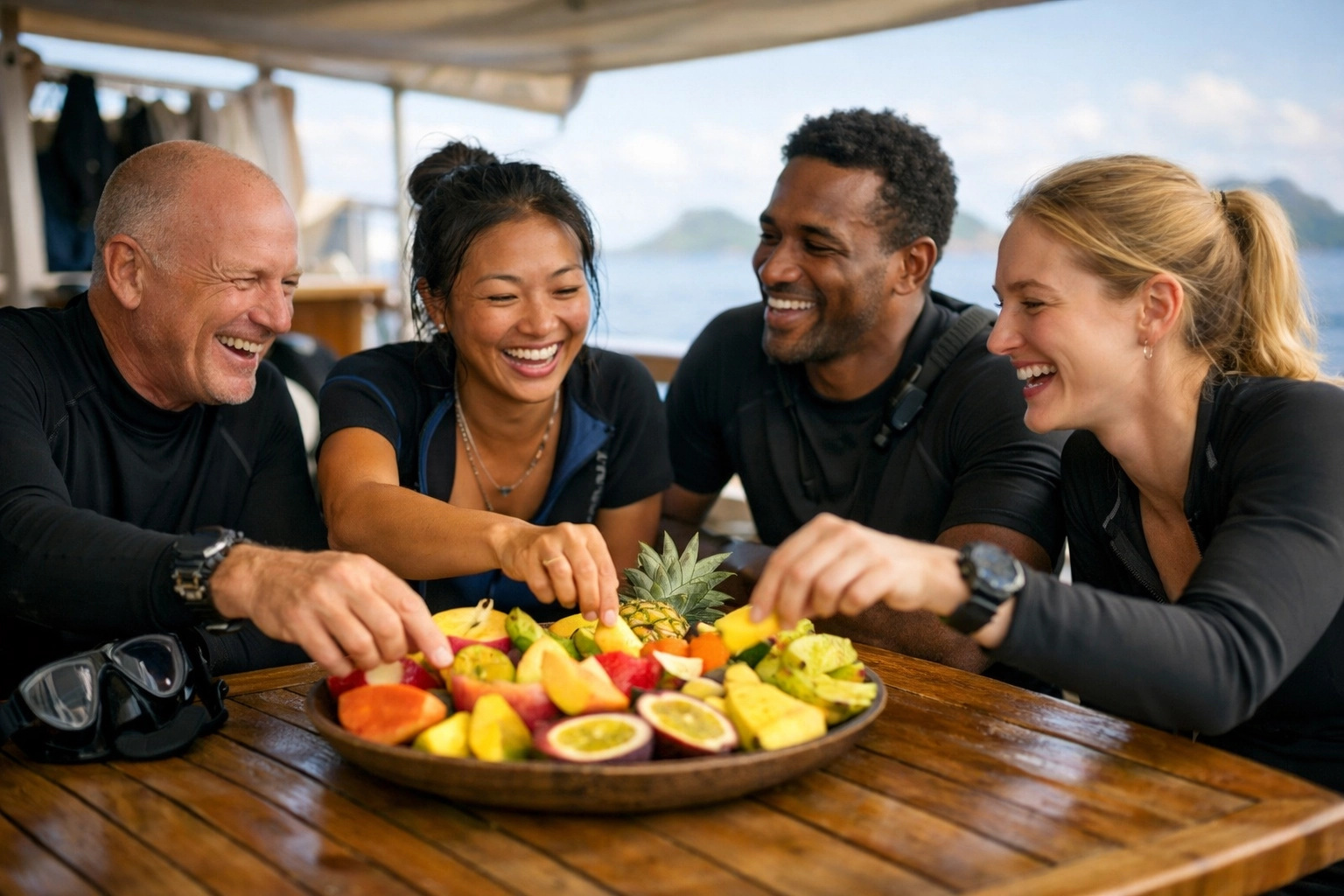 Divers enjoying a communal meal and laughter on the deck of a luxury scuba diving vessel.