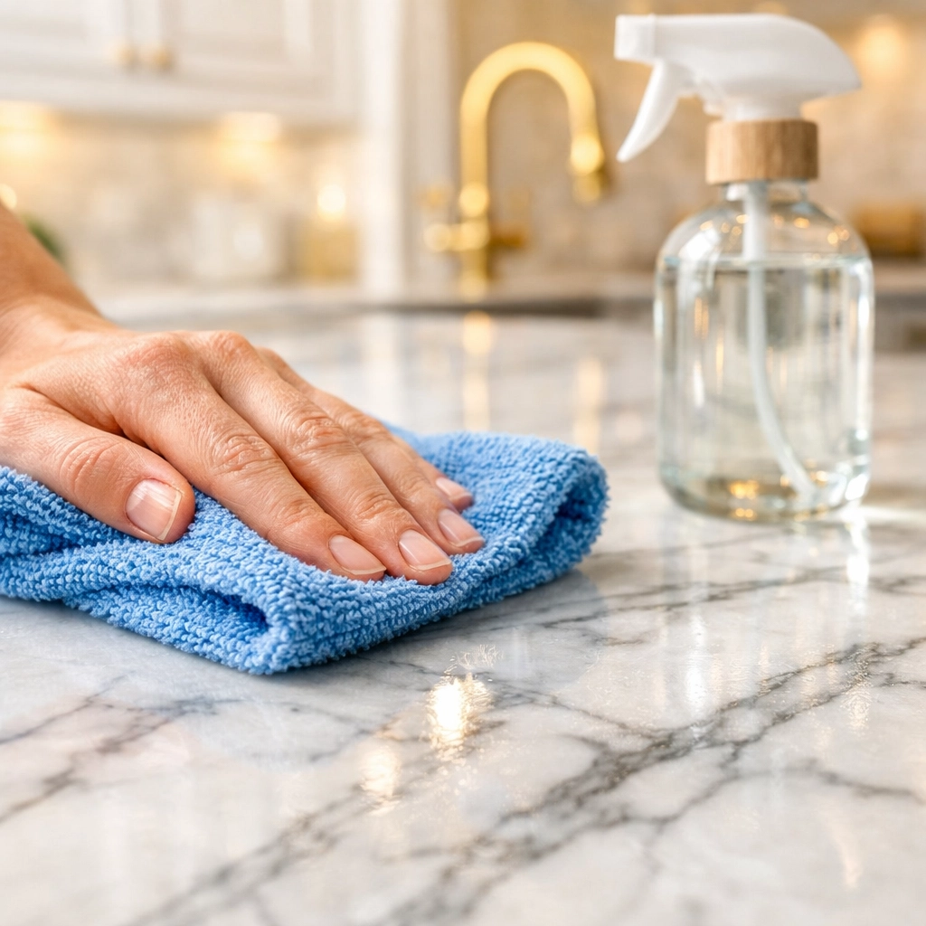 Eco-friendly luxury house cleaning in Lexington using microfiber on a white marble kitchen island.
