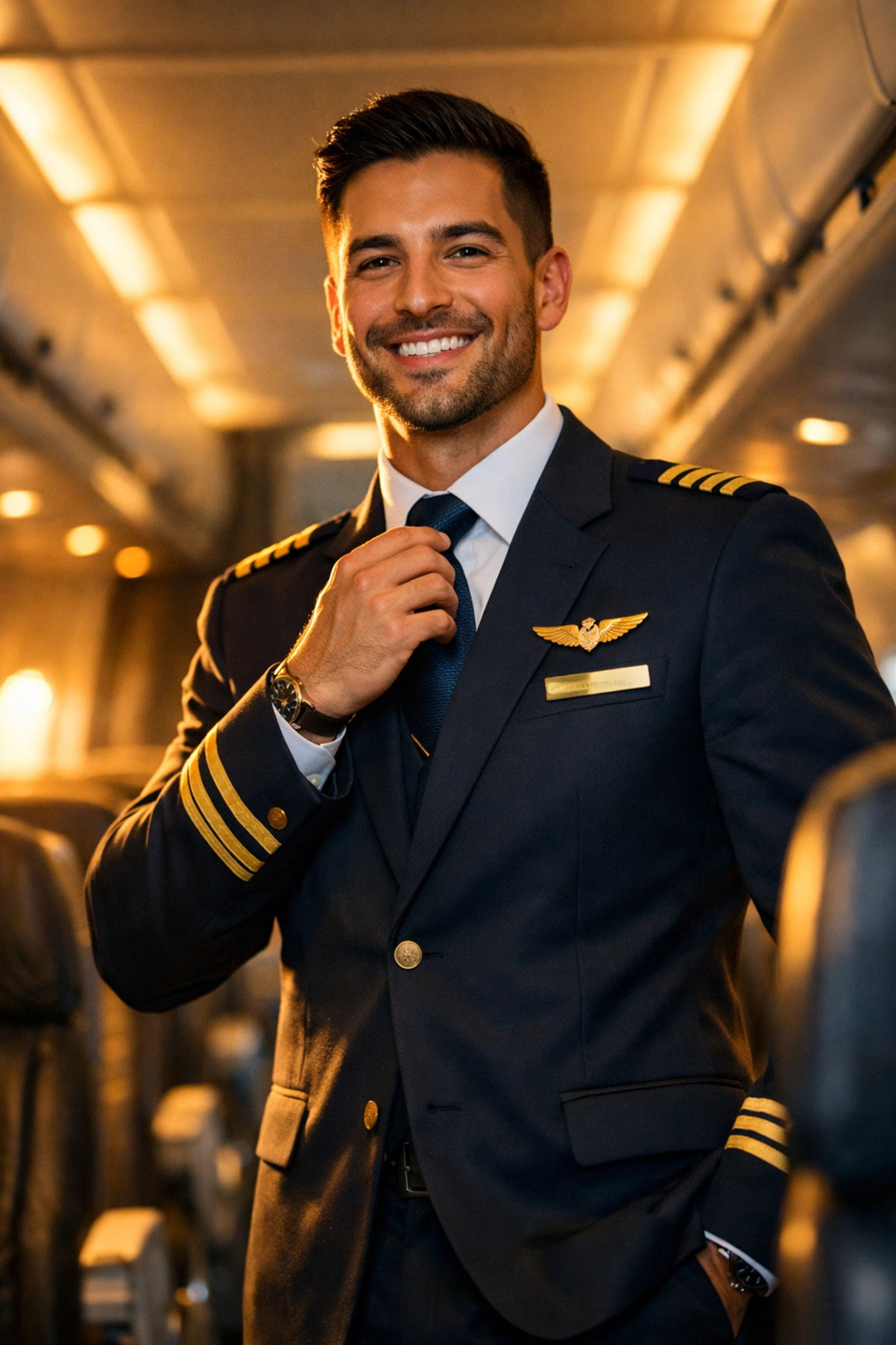 Gay flight steward in uniform standing in aircraft cabin aisle