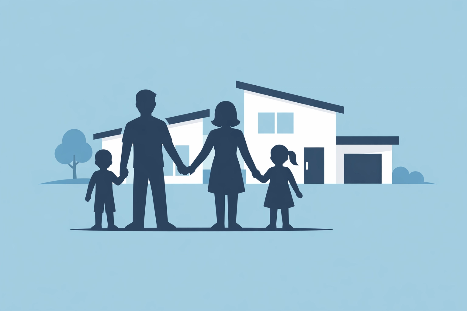 Familia latina feliz frente a su nueva casa tras el proceso de compra de vivienda.