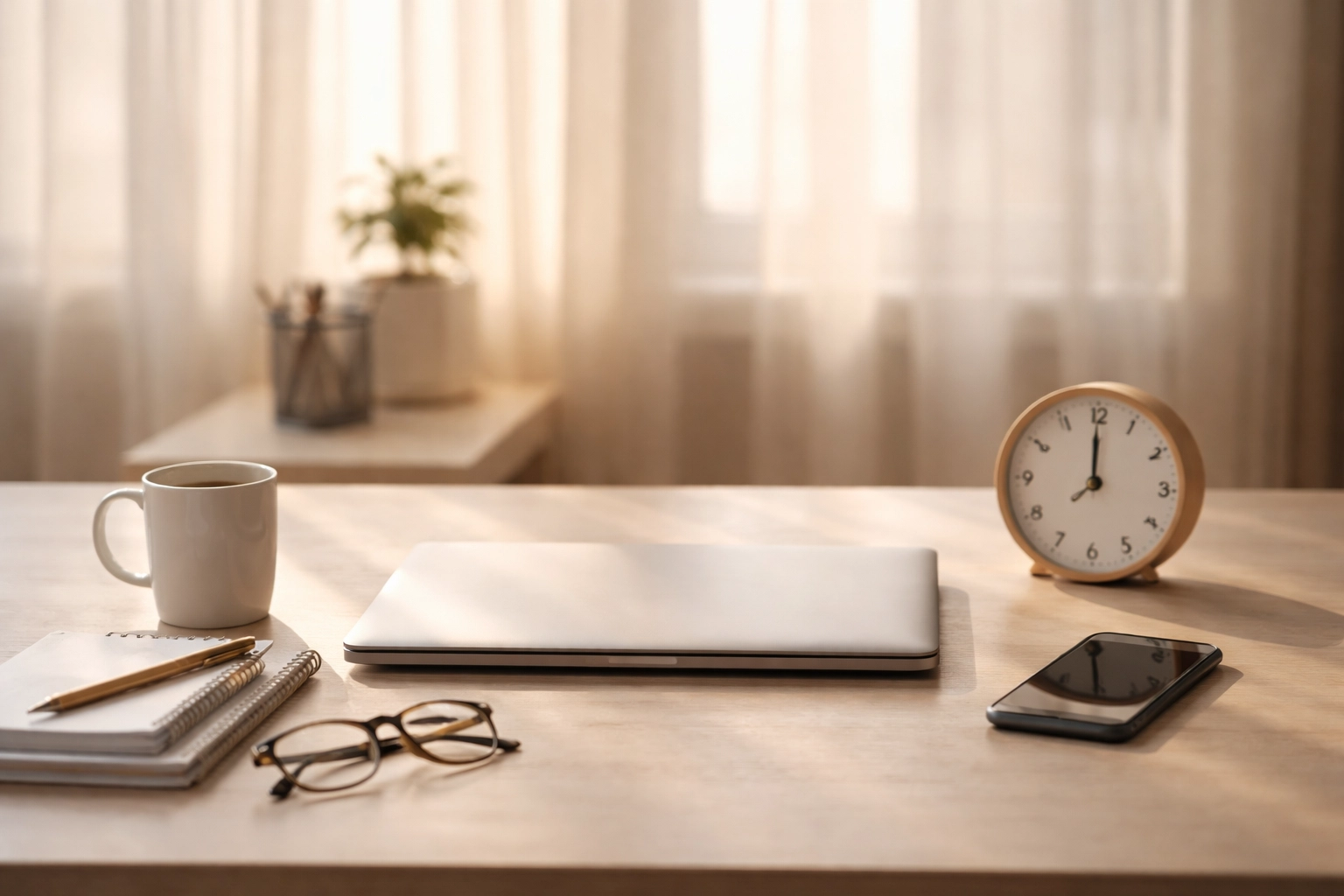 Tax professional's workspace with closed laptop and clock, illustrating work-life balance during busy tax season.