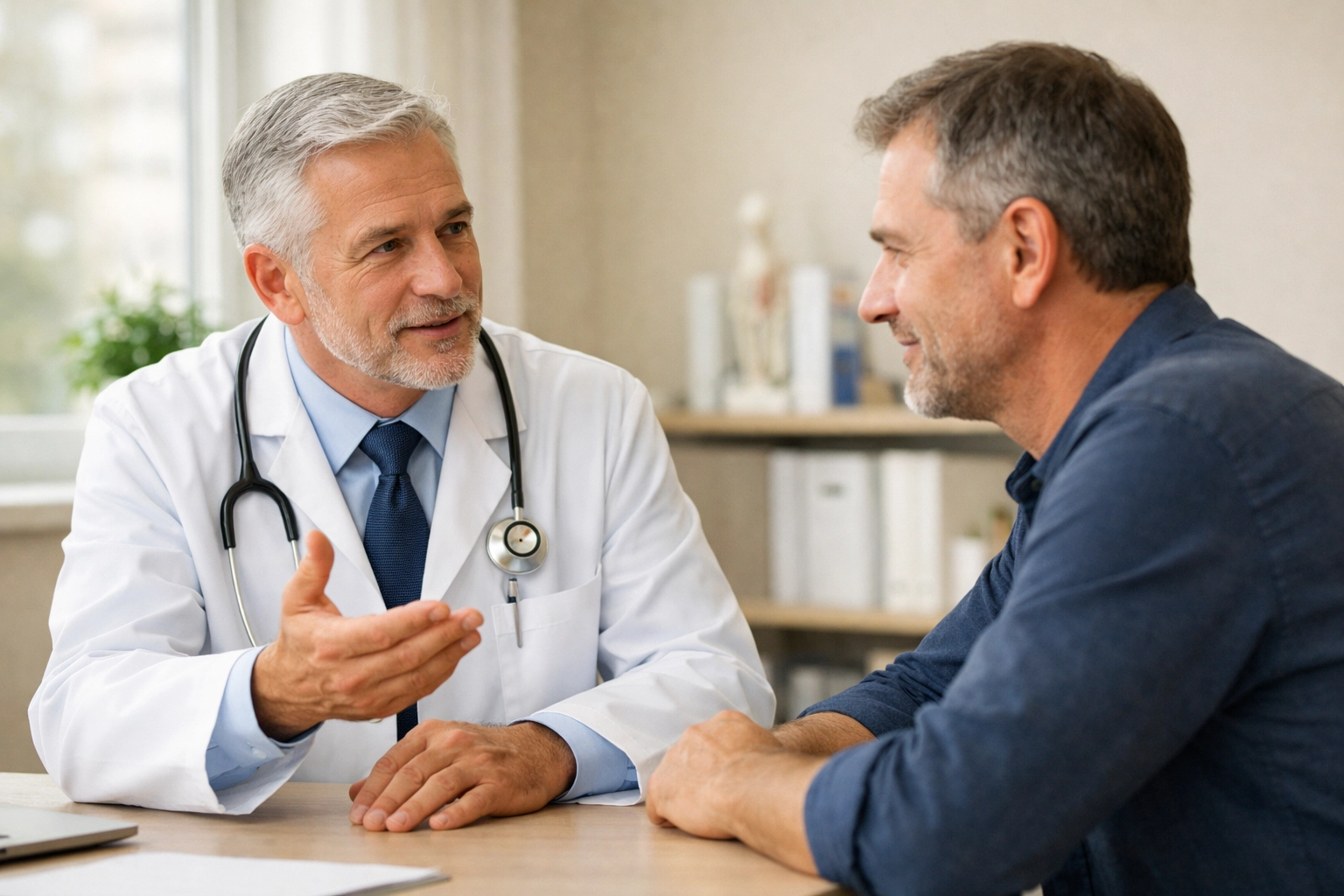 Doctor consulting with male patient about erectile dysfunction and men's sexual health evaluation