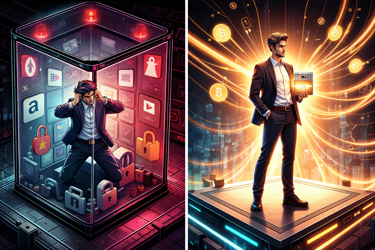 Split view of a merchant trapped by fees versus empowered with self-custody, highlighting Larecoin's advantages over competitors.