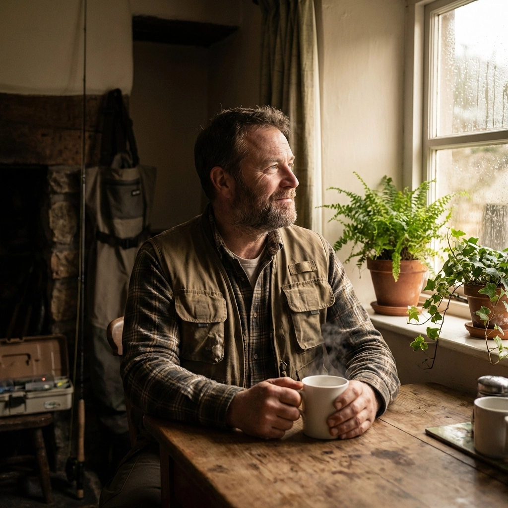 Middle-aged man enjoys his morning brew in a fishing vest, holding a funny fishing mug, perfect dad's birthday gift.