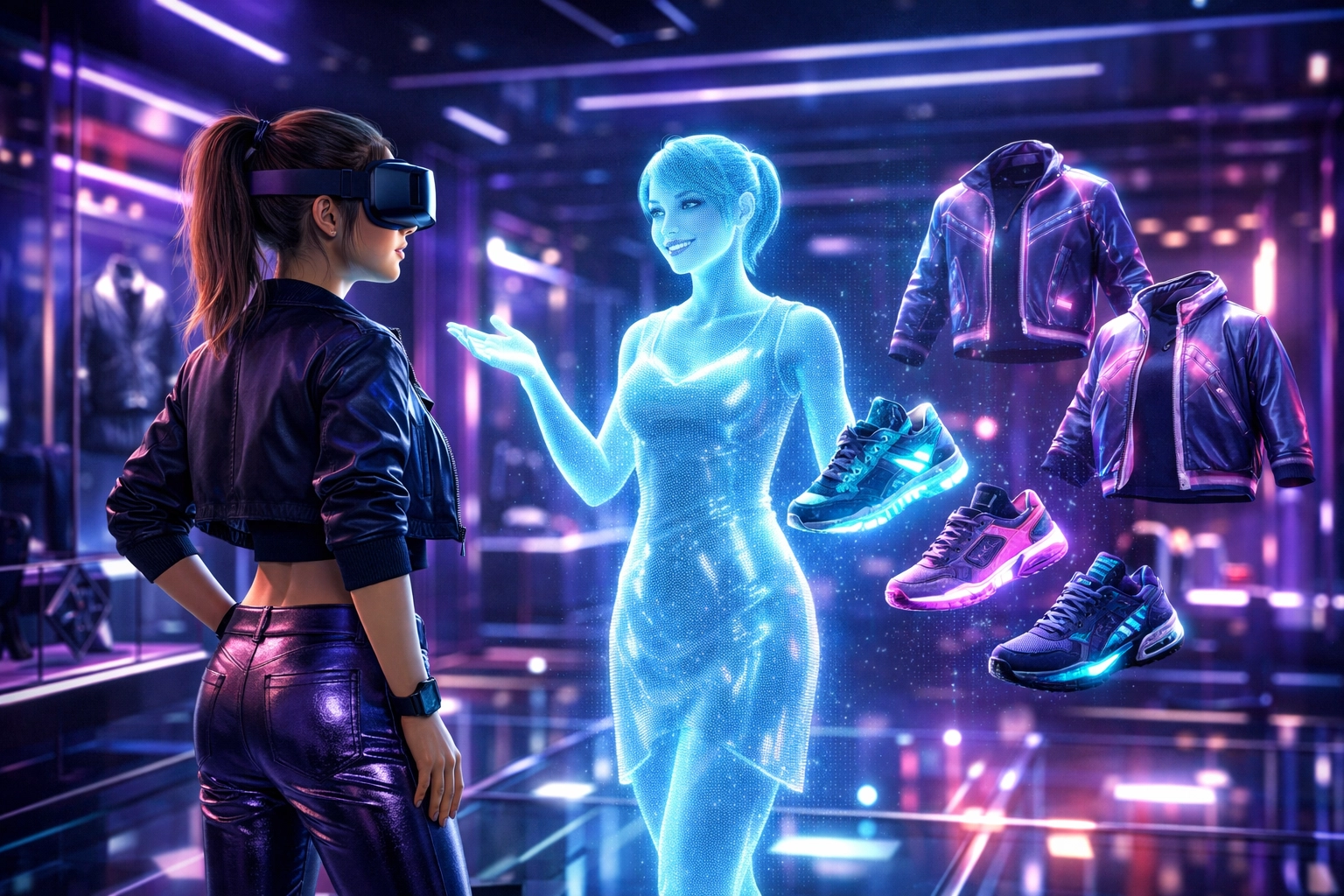 Metaverse shopping with a holographic AI assistant for digital fashion and Larecoin payments.