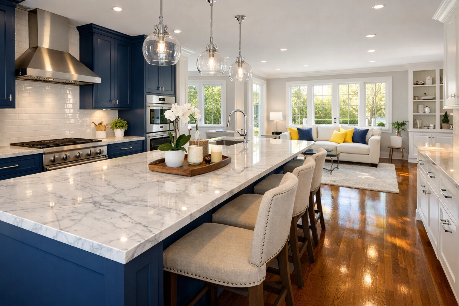 Pristine open-concept kitchen in Needham MA following a weekly house cleaning service.