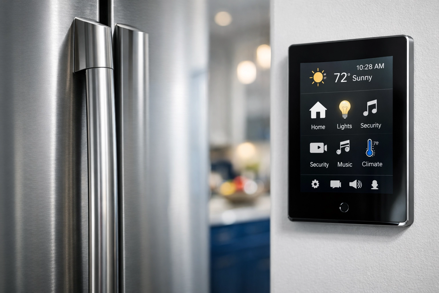 Sanitized high-touch stainless steel refrigerator handle in a luxury residential kitchen.