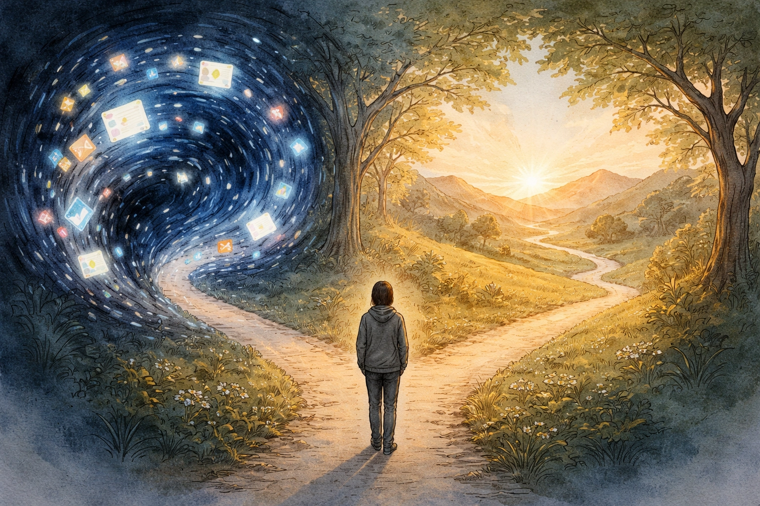 Hand-drawn illustration of a person at a crossroads choosing between digital distractions and lasting purpose, symbolizing Christian personal growth.