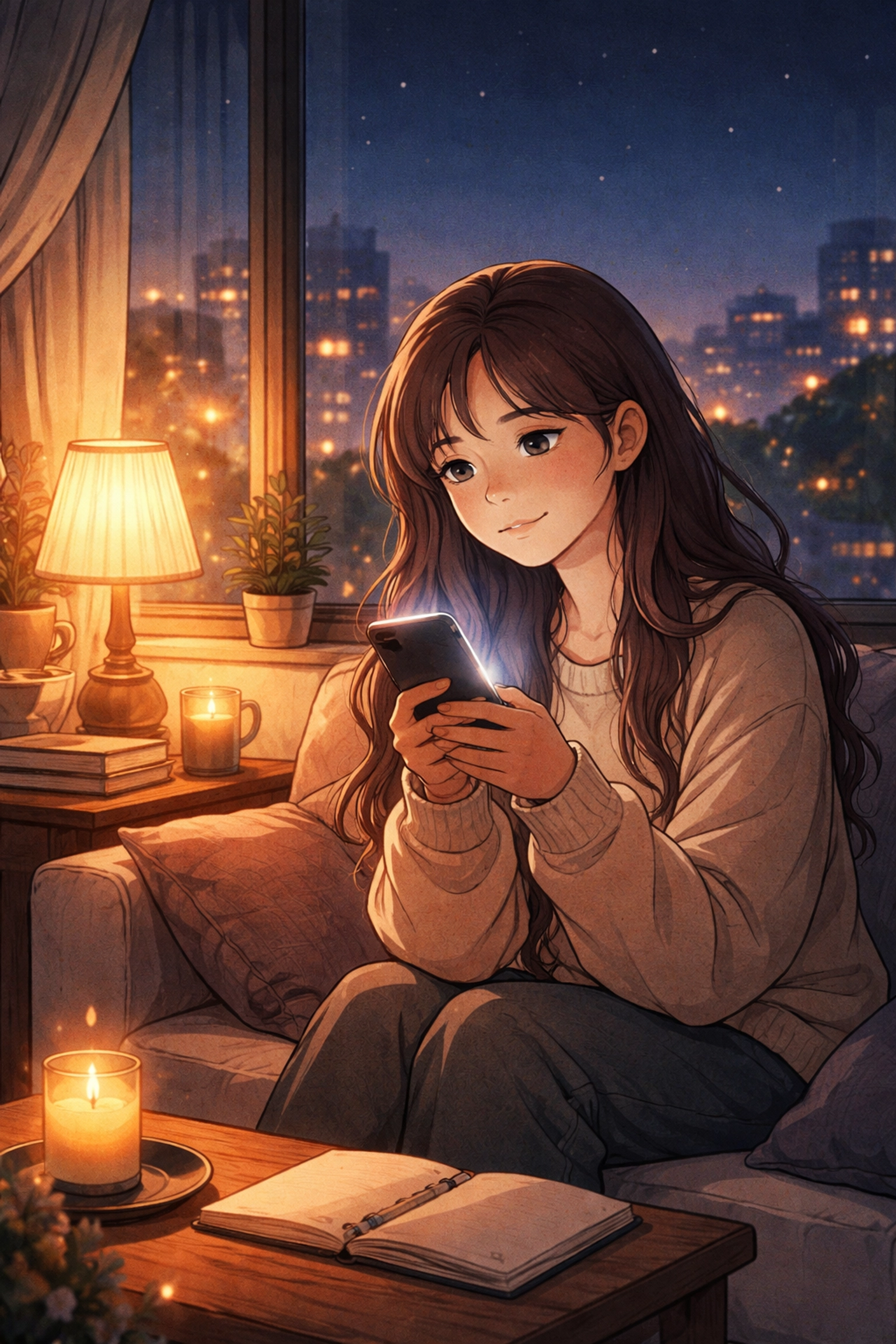 Young woman in a cozy apartment at night, illuminated by her phone, explores faith community online for hope.