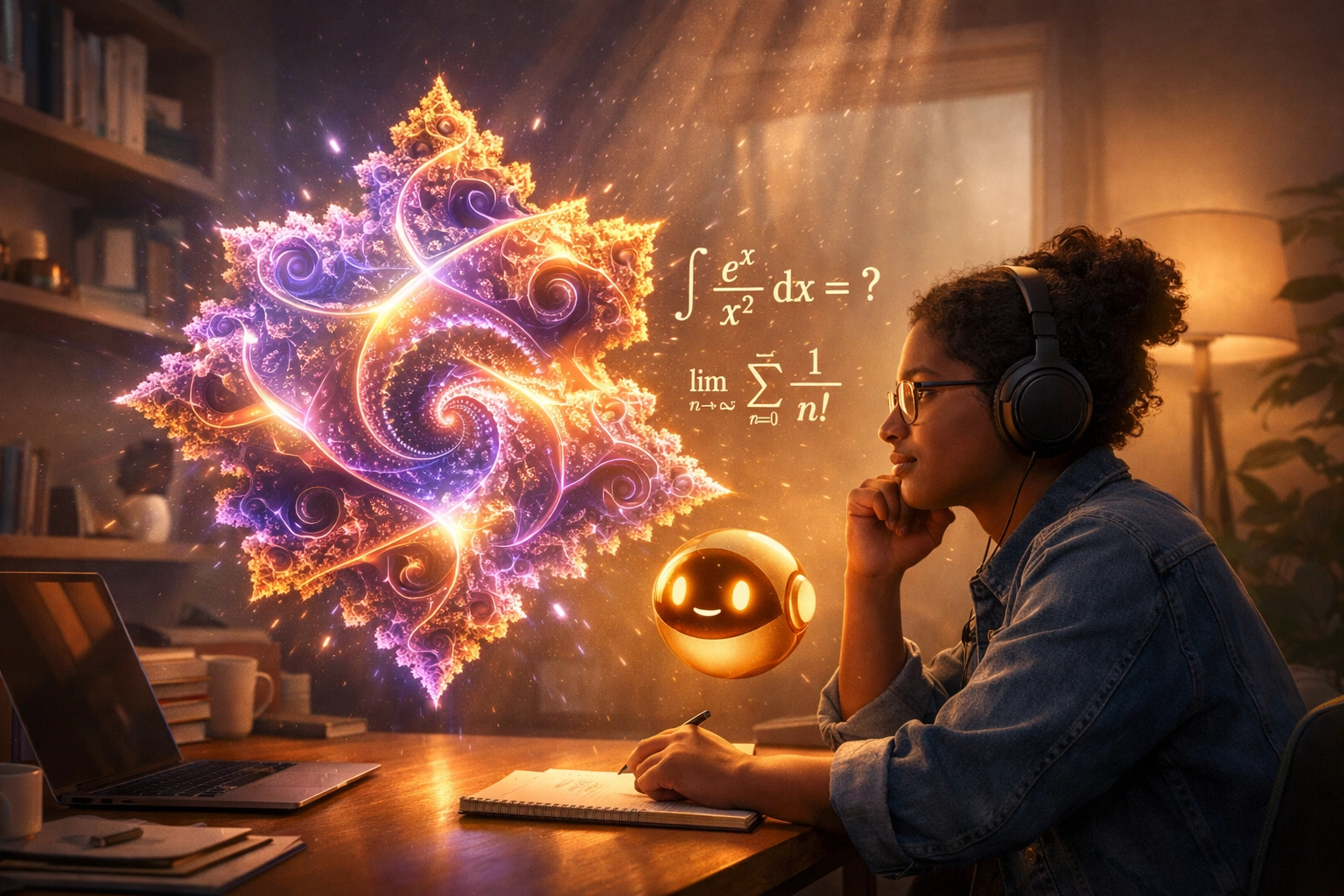 Student using a personalized AI tutor and 3D visualization for calculus in a virtual home office.