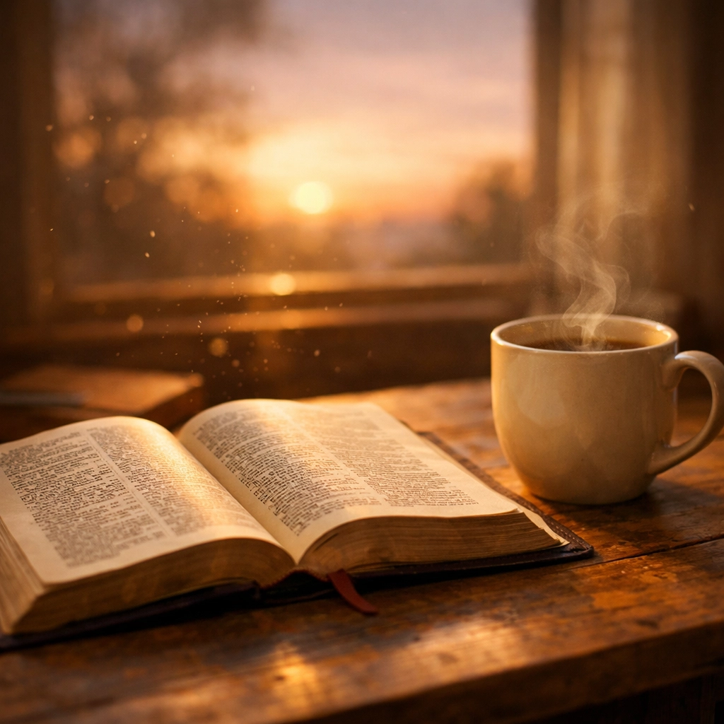 Open Bible and coffee on table for morning prayer and peace