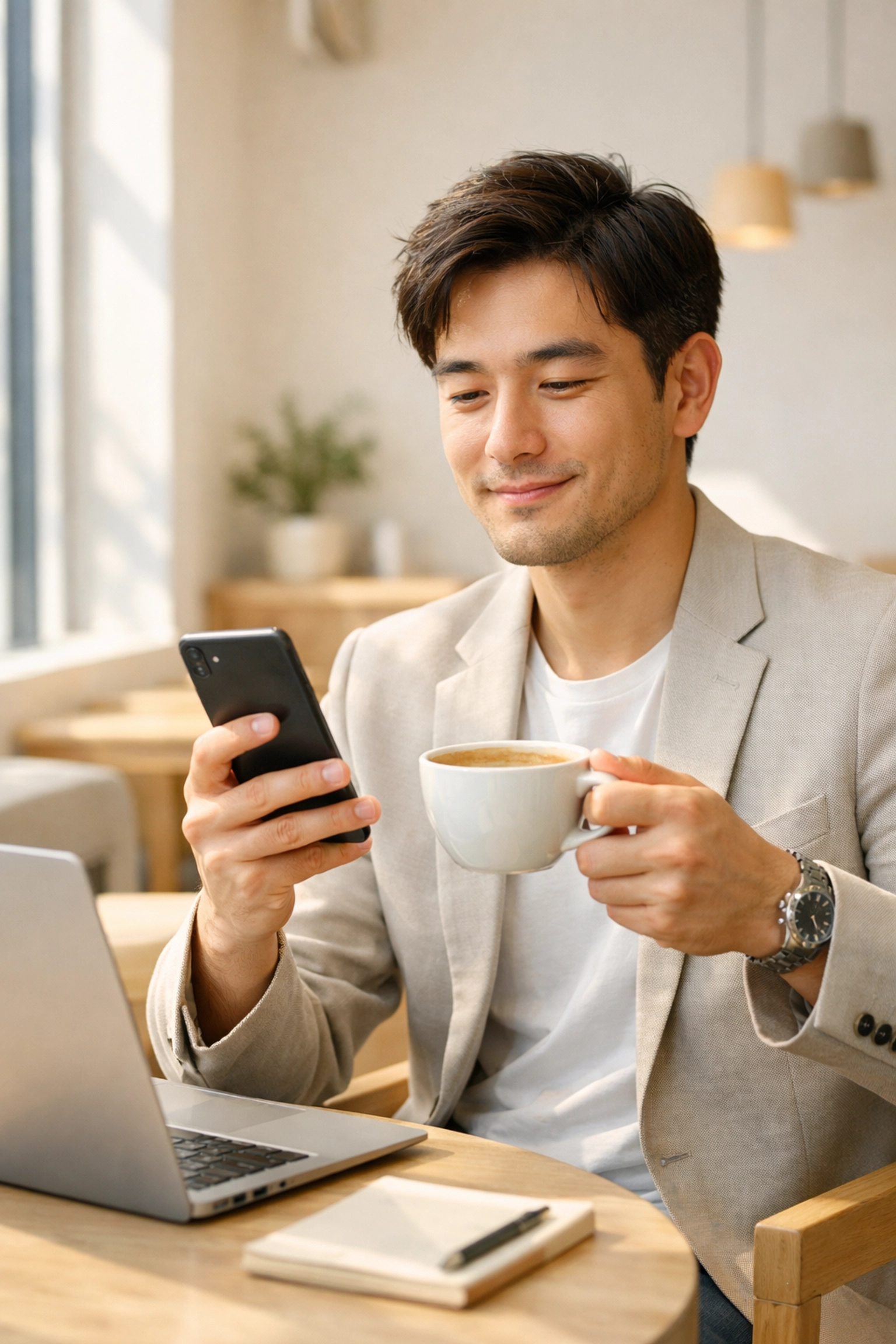 Professional checking status of an instant payday loan in Canada on a smartphone with relief.