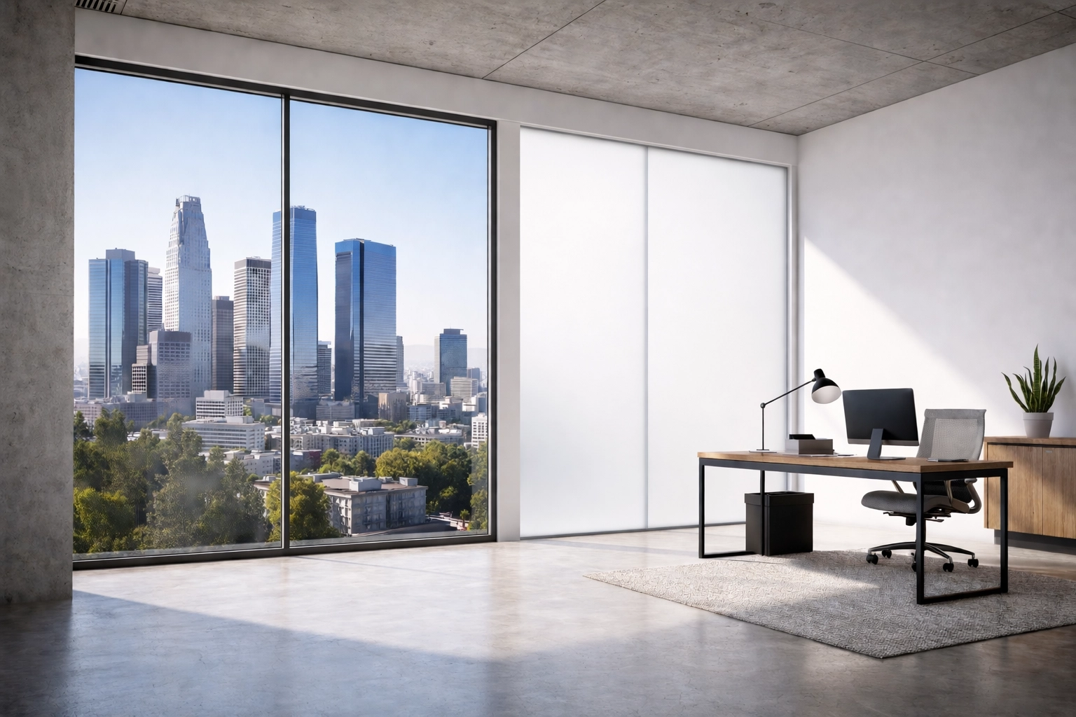 Modern Los Angeles office with smart glass (one clear panel + one frosted panel)