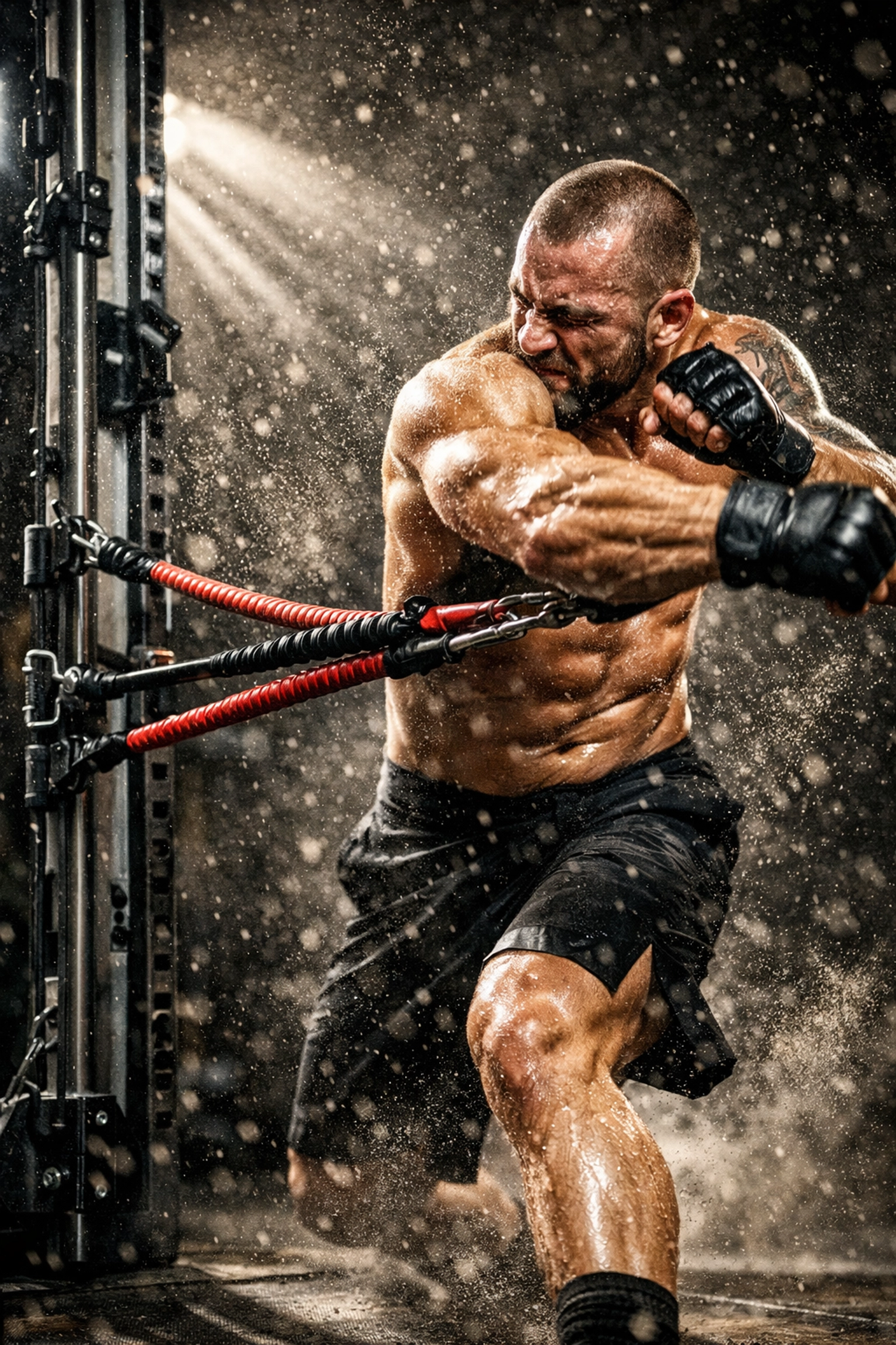 MMA athlete performing resistance training strikes on a professional crossfit home gym rail system.