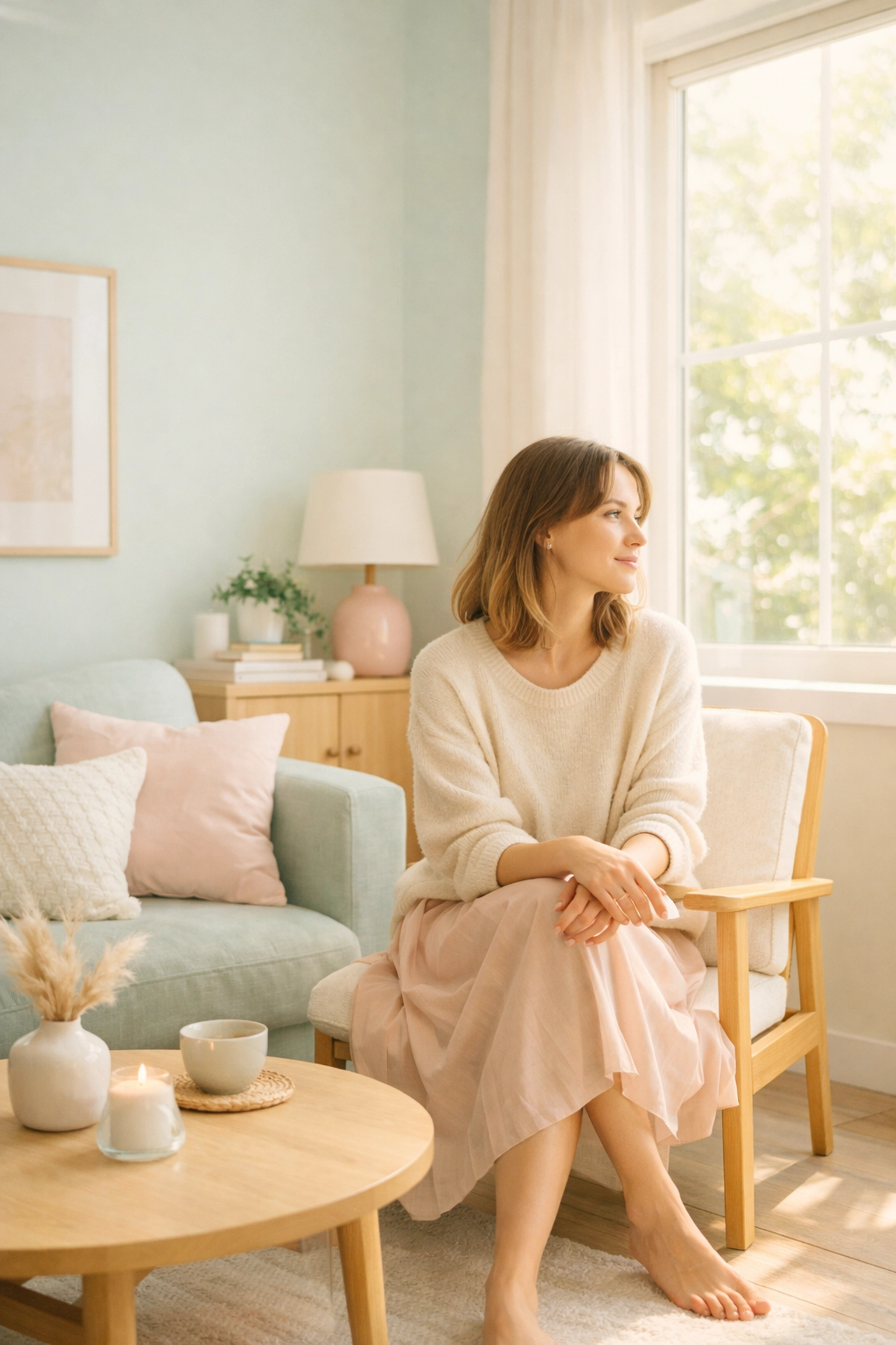 A woman reflecting in a bright room, illustrating a sanctuary for mental health growth and balance.