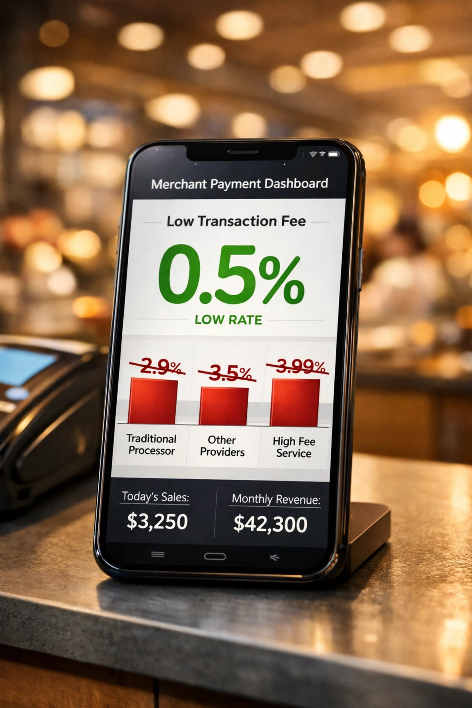 Merchant payment dashboard displaying 0.5% crypto transaction fees versus traditional processor rates