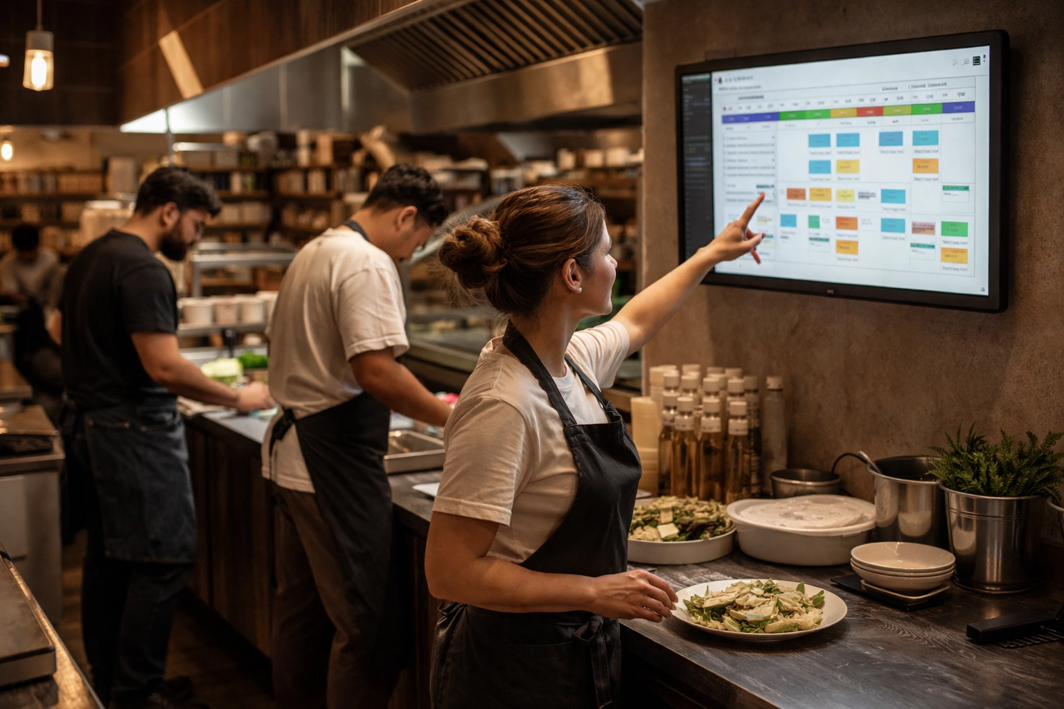 Kitchen manager using scheduling dashboard to optimize restaurant labor efficiency