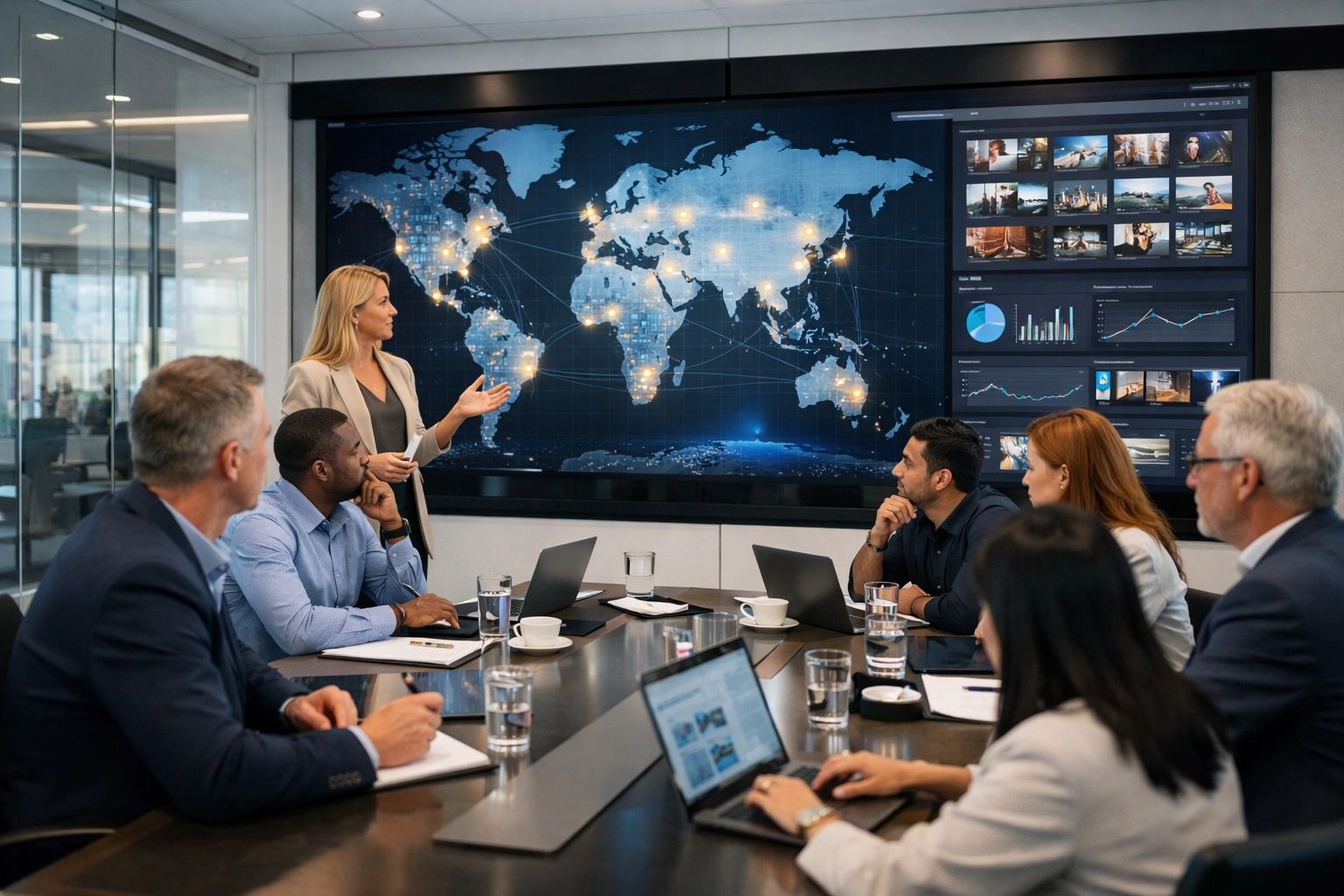 Media executives collaborating on a global asset management dashboard for strategic content scaling across venues.