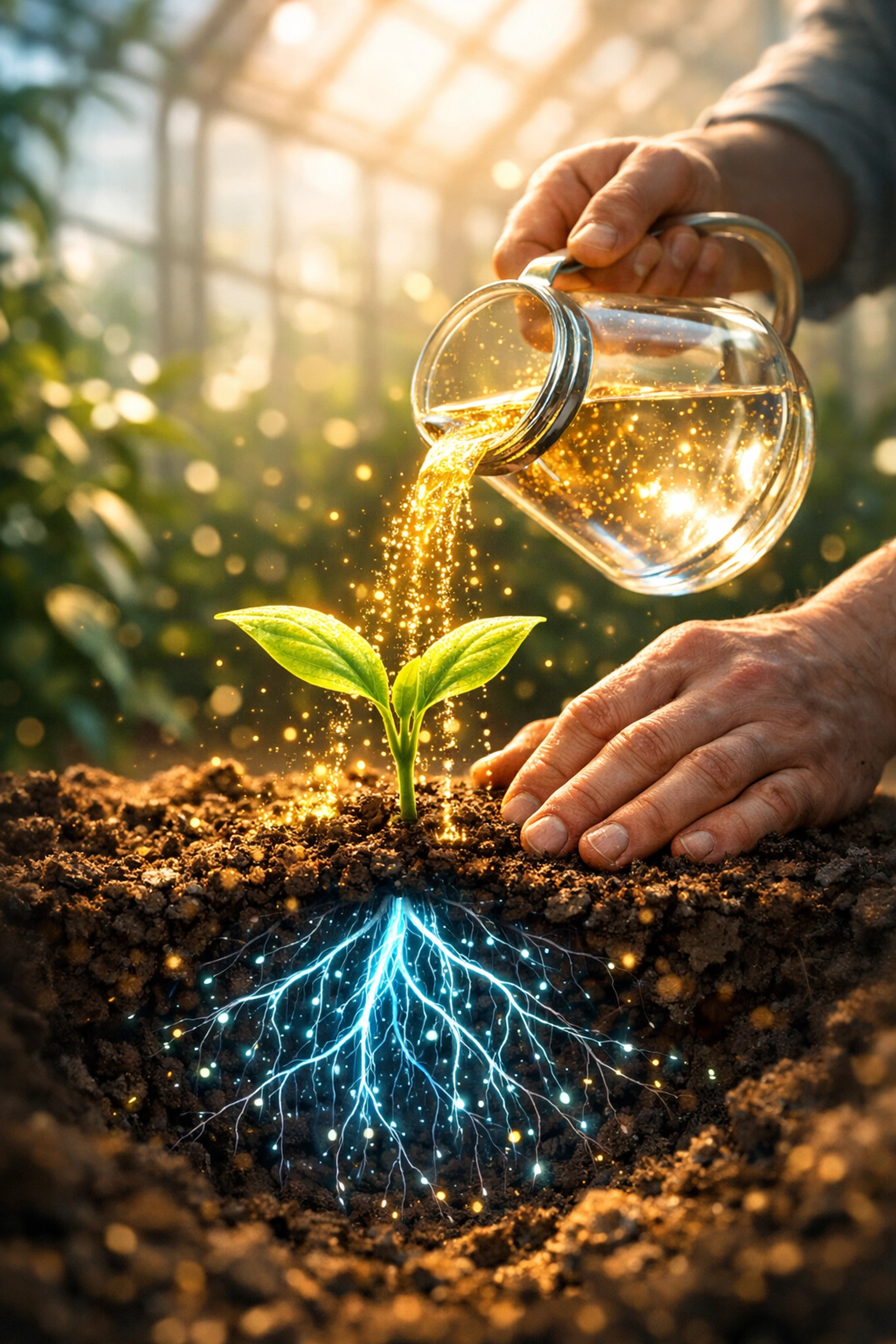 Hands nurturing a digital sprout, representing the human gardener approach to the future of reselling AI.