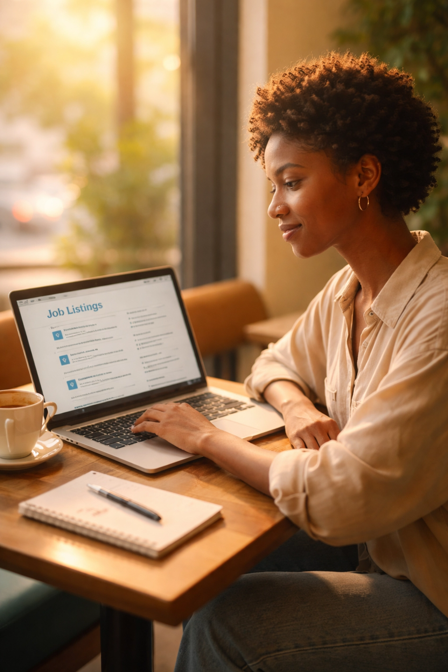 A diverse person searches for transgender friendly jobs at a sunlit café, representing inclusive job hunting.