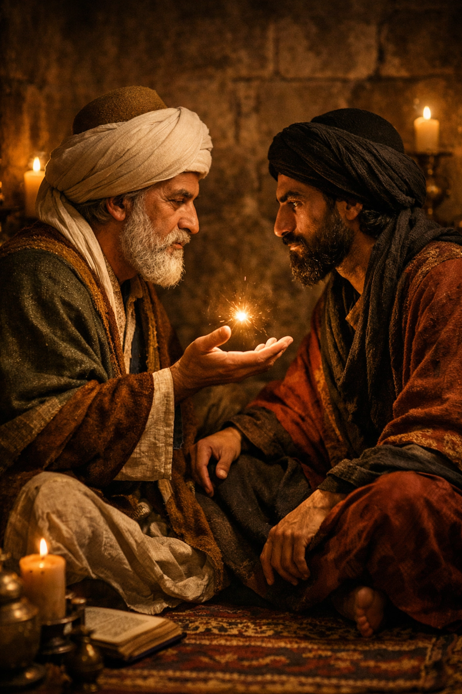 Two men in 13th-century robes sharing a mystical soulmate connection in a candlelit room.