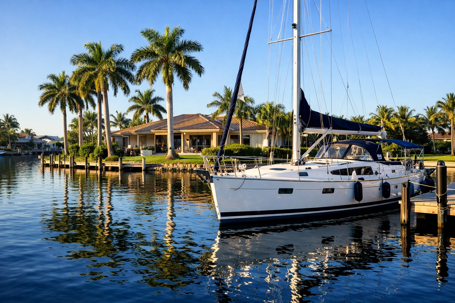 Sailboat docked at a luxury SE Cape Coral waterfront home with direct Gulf access.