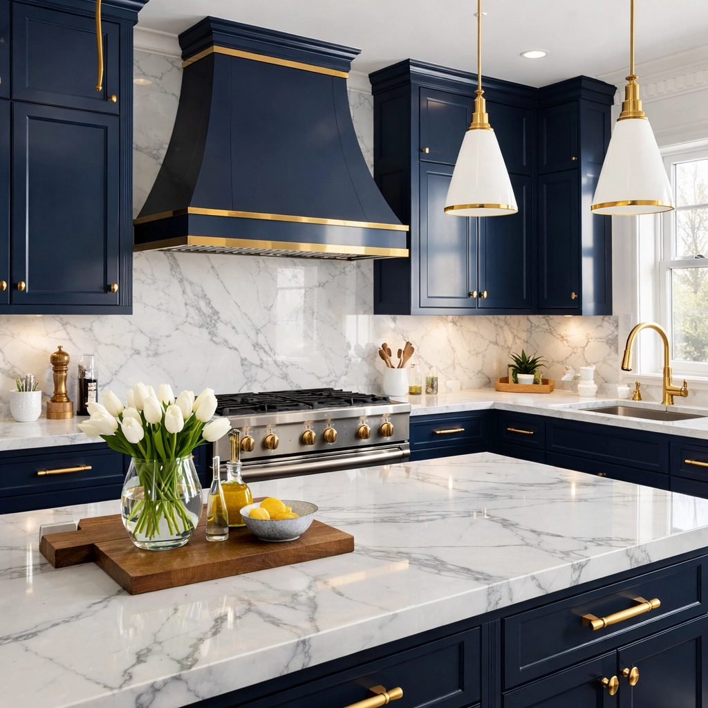 Pristine modern kitchen with marble surfaces highlighting the results of a professional deep cleaning service.