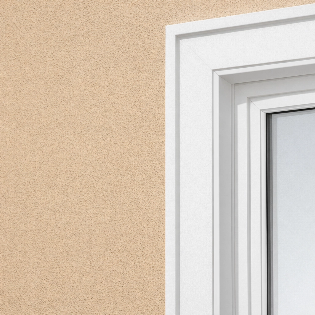 Professional masonry painting in Gloucestershire showing clean white window trim and beige walls.