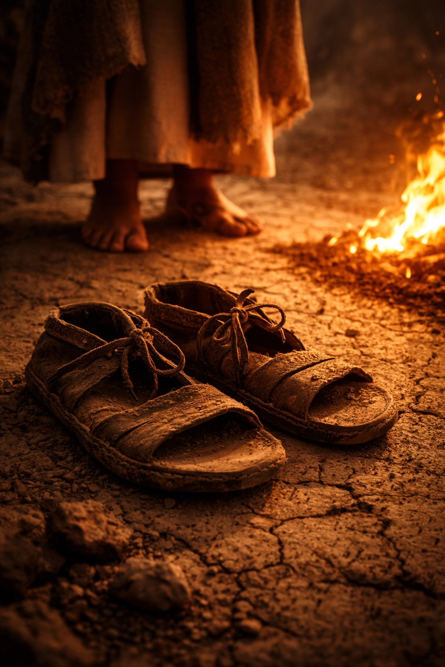Close-up of dusty sandals removed on holy ground near the burning bush, illustrating Moses showing reverence to God's holiness.