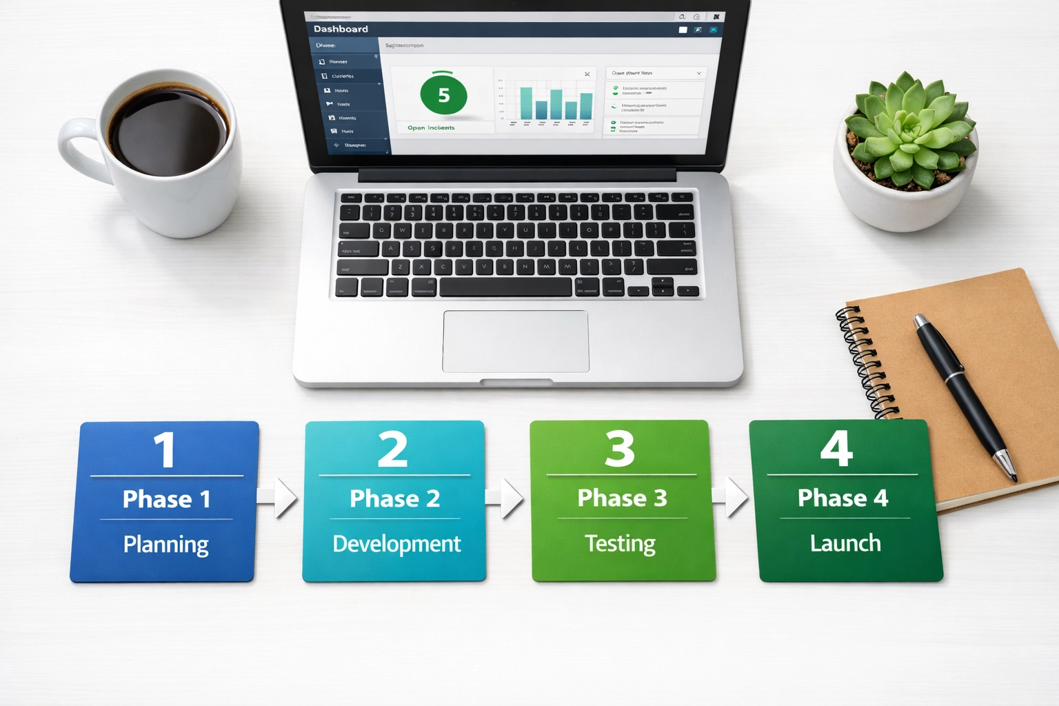Phased ServiceNow implementation roadmap with milestone cards showing structured rollout strategy