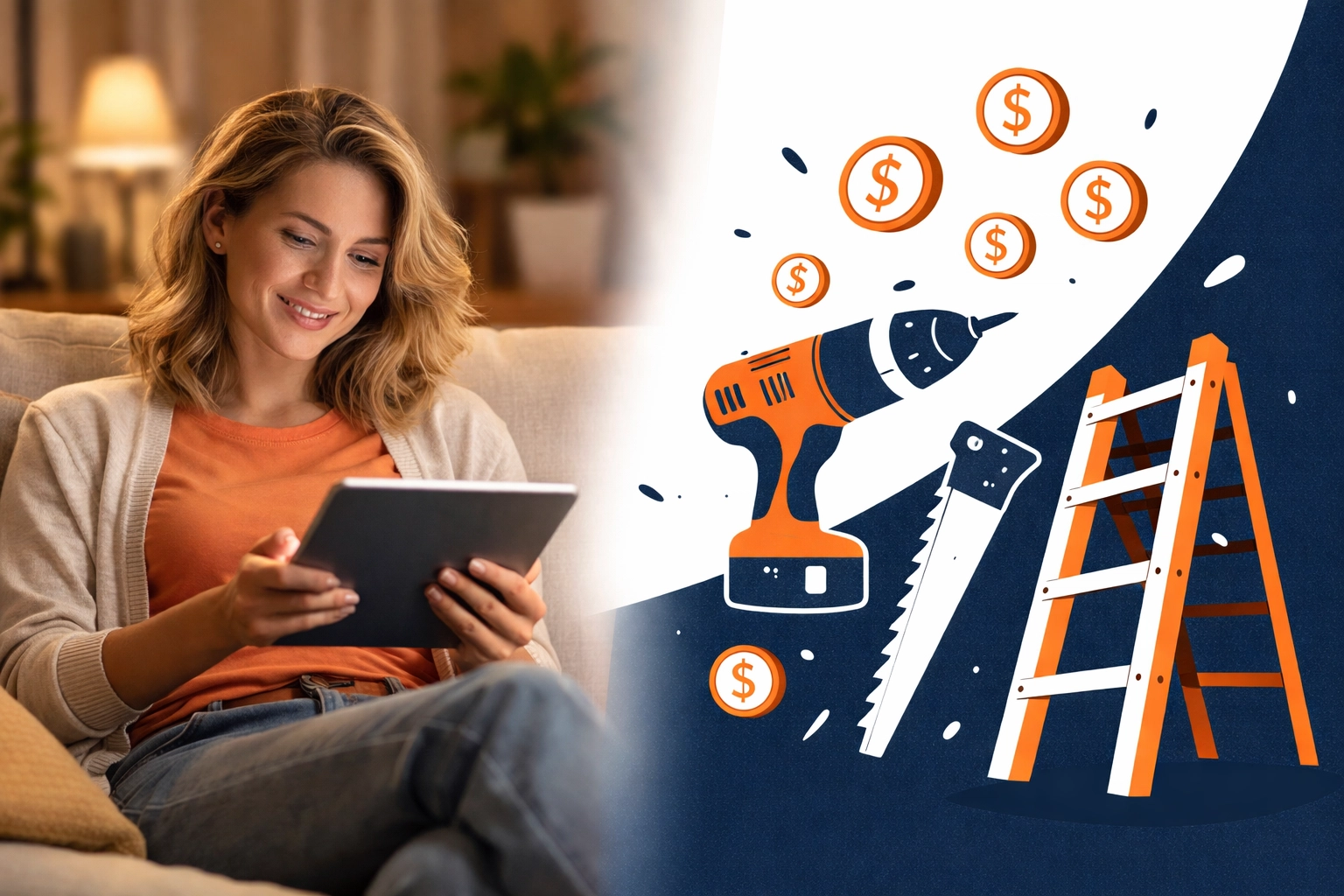Person relaxing with a tablet while illustrated coins and tools symbolize earning passive income from unused equipment.