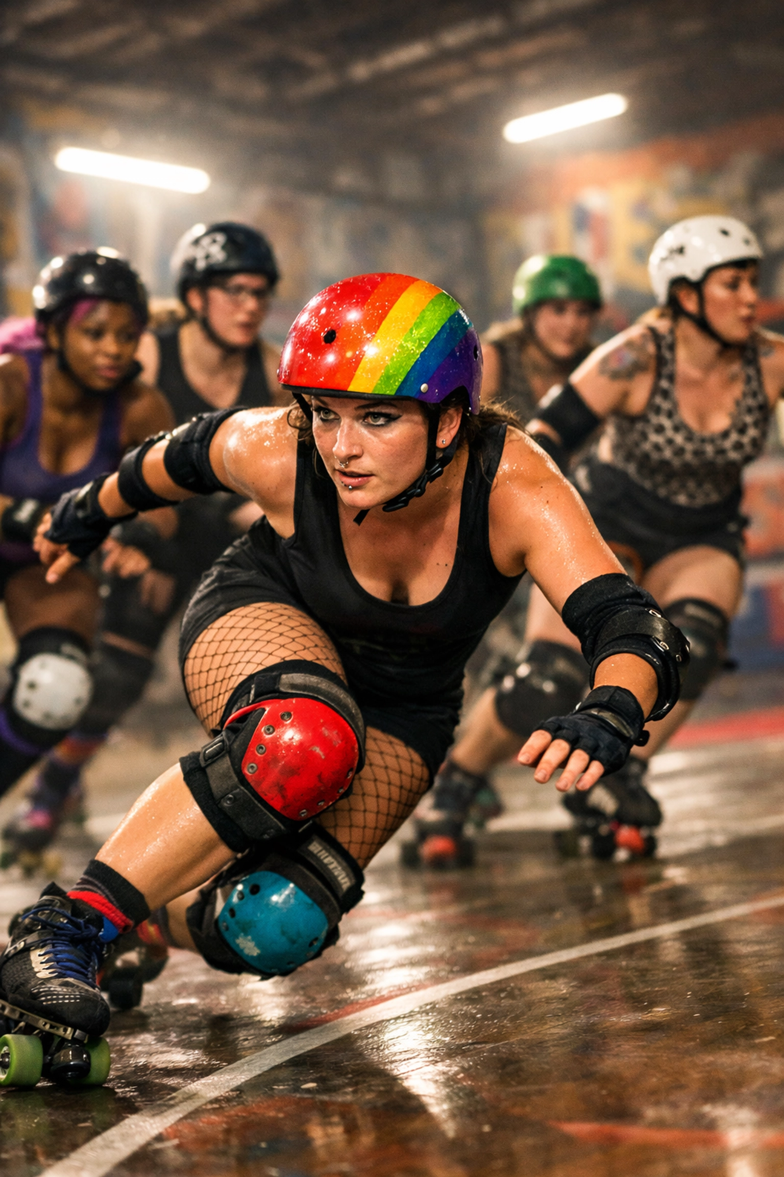 Queer women participating in a high-energy roller derby match, a popular hobby for community building.