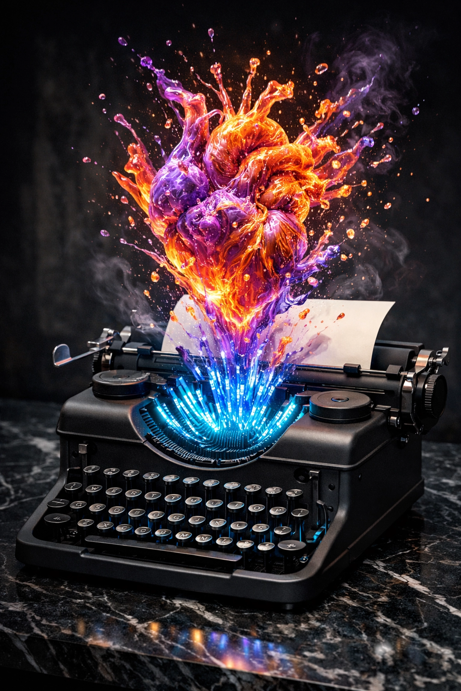 A typewriter with glowing blue cables and heart-shaped ink, representing the fusion of AI and human storytelling.